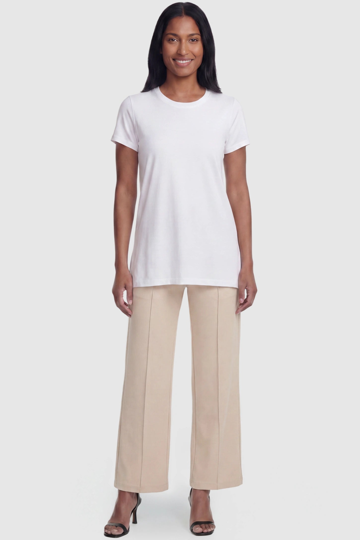 High Stretch Wide Leg Pocketed Maternity Pants High-Stretch Wide Leg Pocketed Maternity Pants in Off White featuring a seamless over-the-bump panel and side pocket on a postpartum model, full body view.