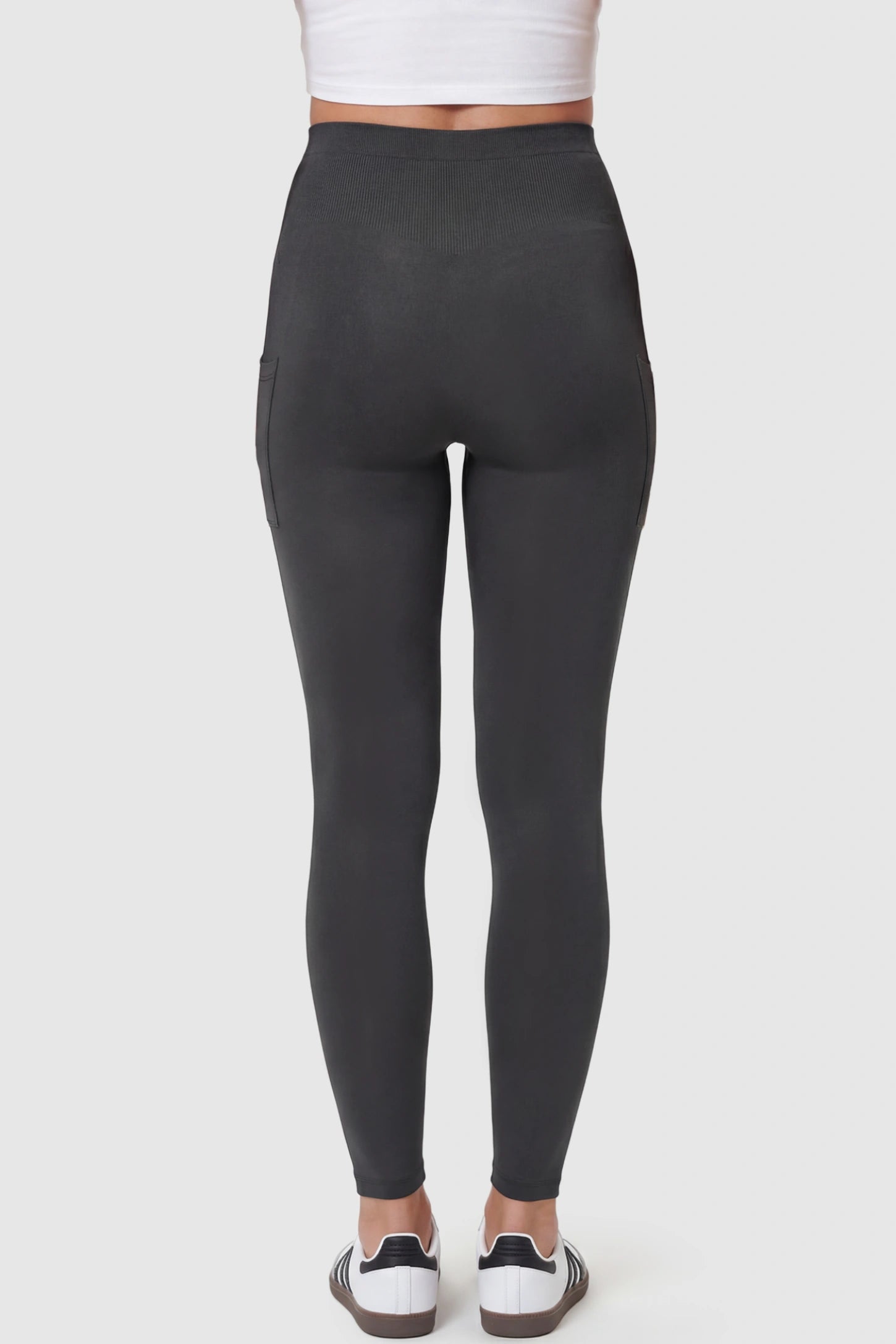 High Waist Ankle Length Pocketed Maternity Leggings High-Waist Ankle-Length Pocketed Maternity Leggings in Gray featuring soft breathable fabric on a pregnant model, back view.