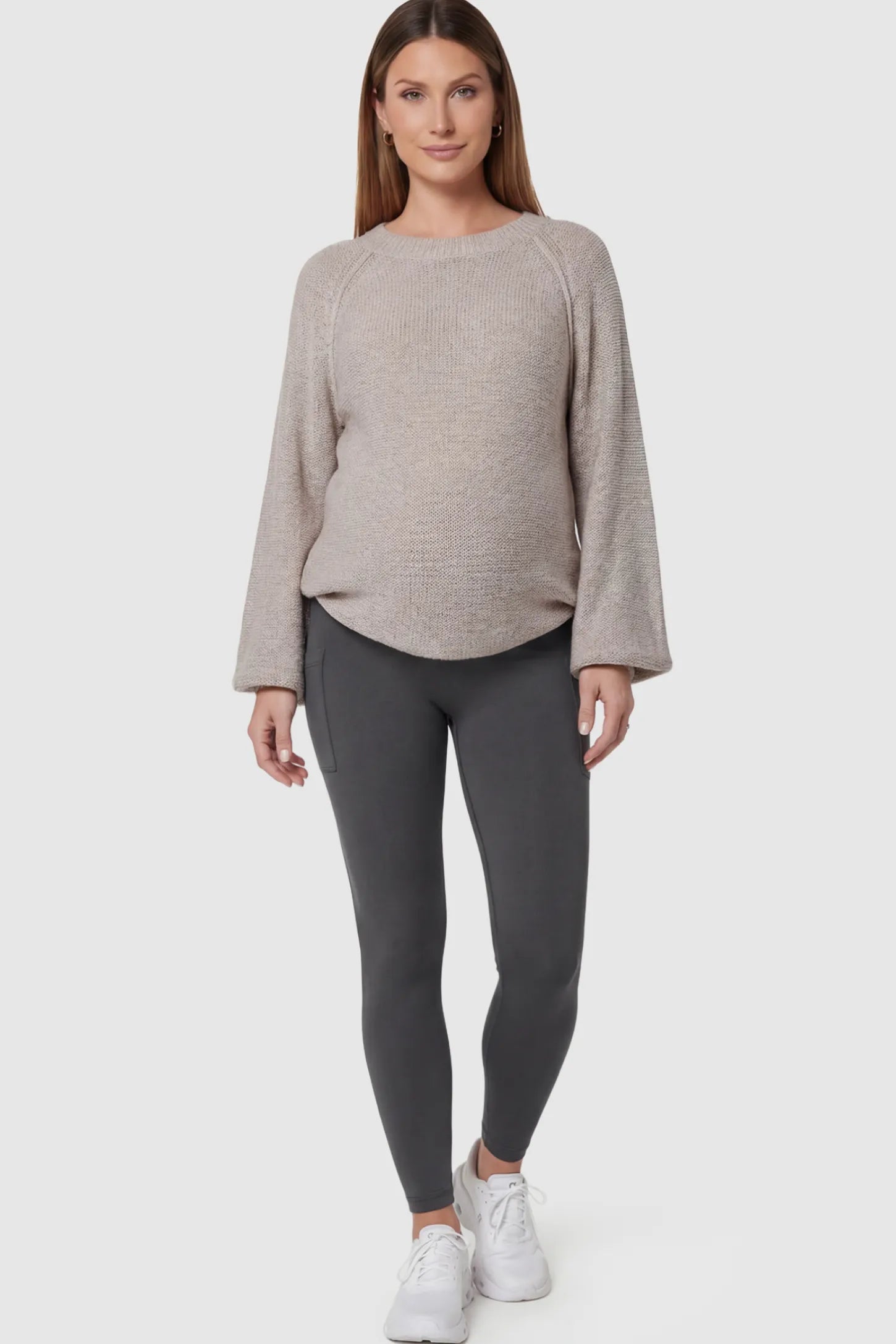 High Waist Ankle Length Pocketed Maternity Leggings High-Waist Ankle-Length Pocketed Maternity Leggings in Gray featuring a seamless waistband on a pregnant model posing front.