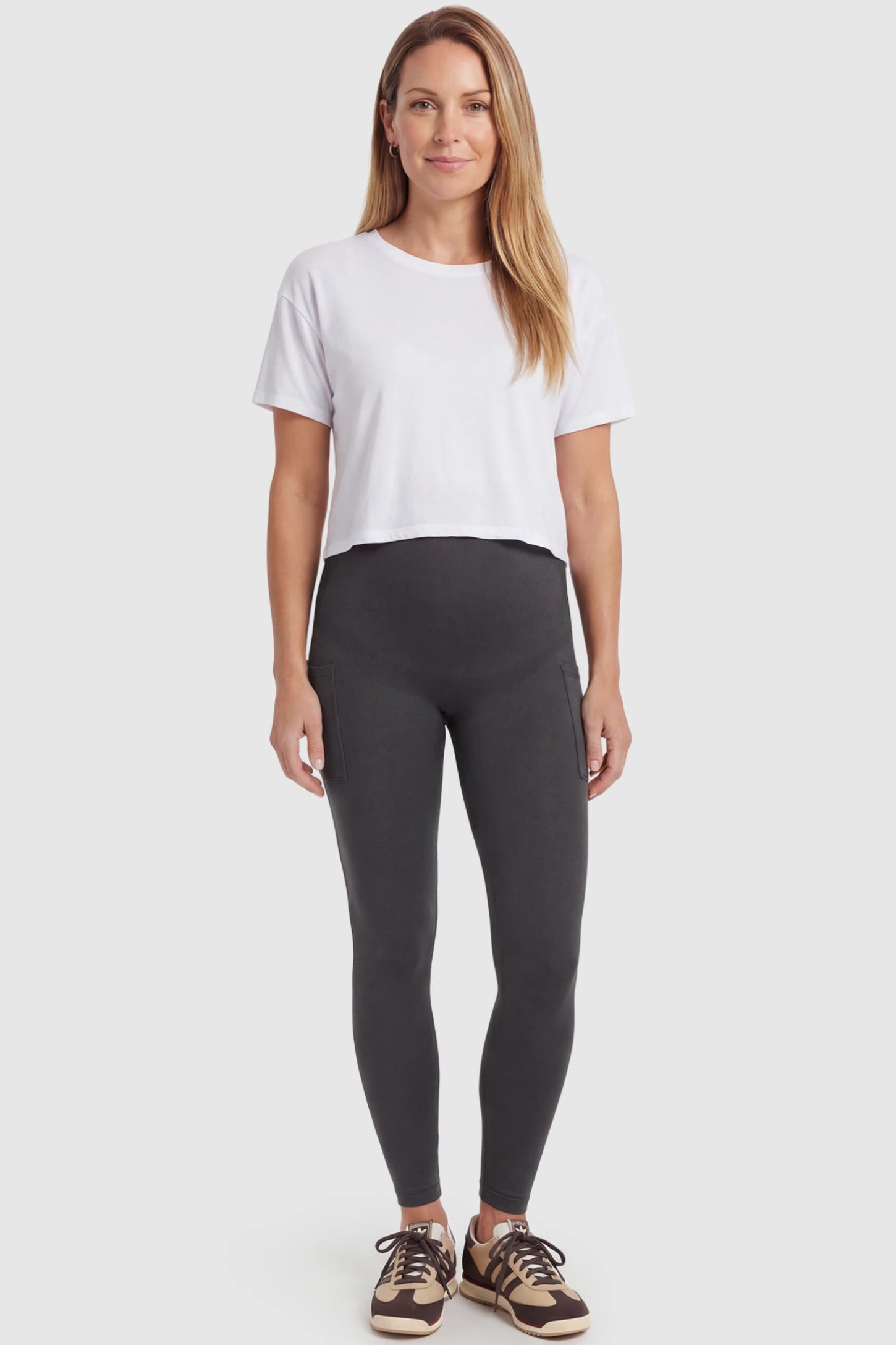 High Waist Ankle Length Pocketed Maternity Leggings High-Waist Ankle-Length Pocketed Maternity Leggings in Gray featuring a seamless waistband on a postpartum model, front view.