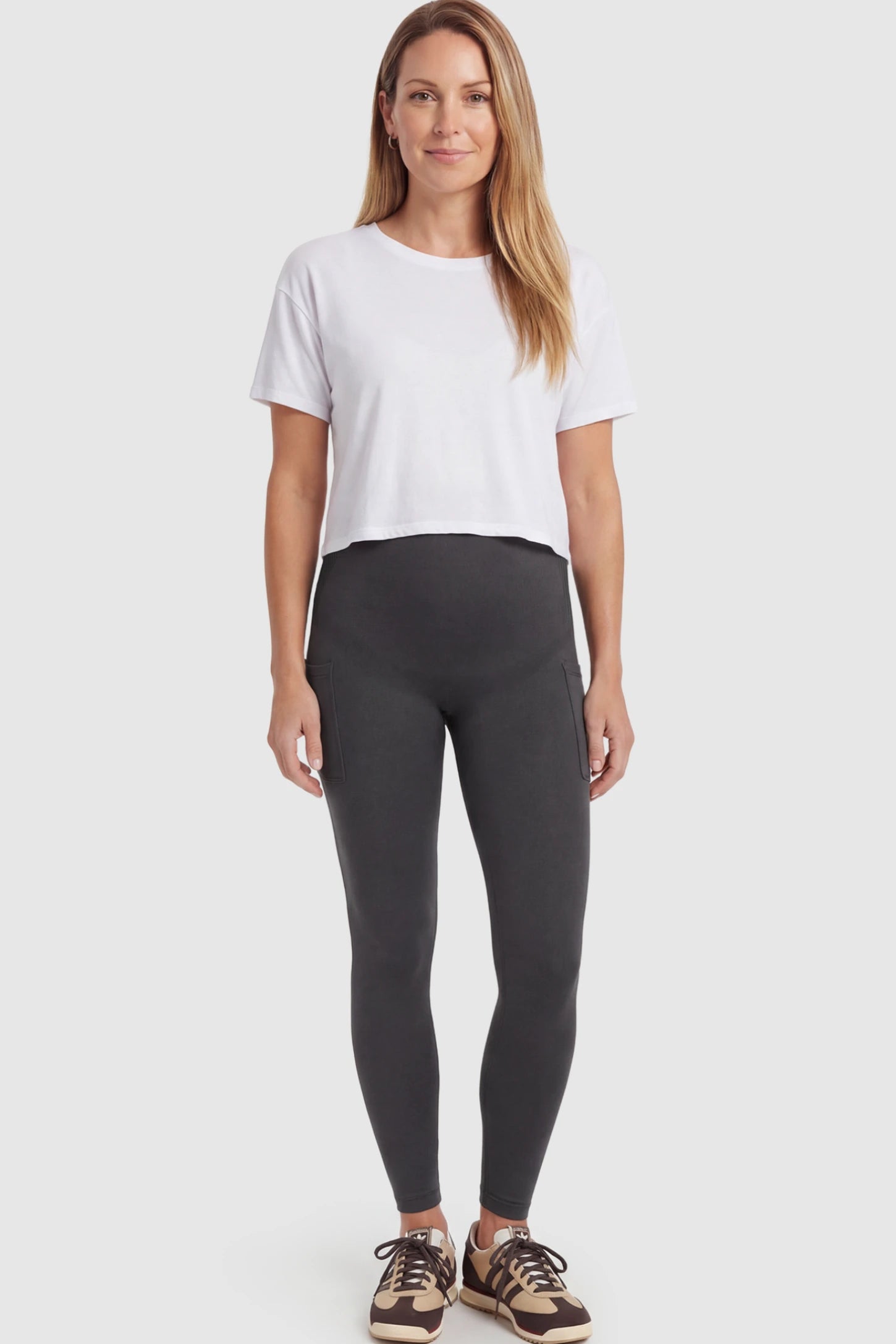 High Waist Ankle Length Pocketed Maternity Leggings High-Waist Ankle-Length Pocketed Maternity Leggings in Gray featuring a seamless waistband on a postpartum model showing front.