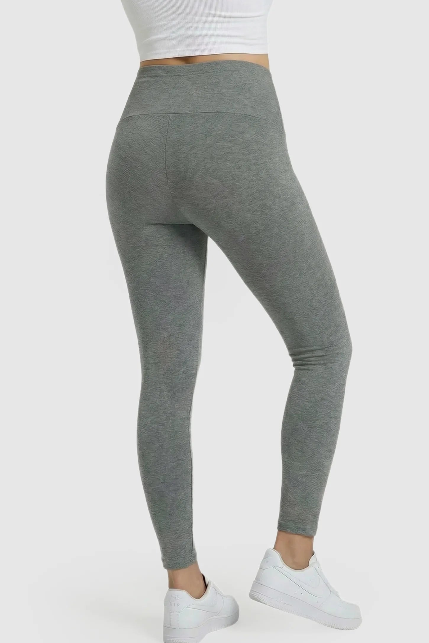 High Waist Belly Support Full Length Maternity Leggings High Waist Belly Support Full Length Maternity Leggings in Gray featuring molding waistband on a pregnant model showing back.