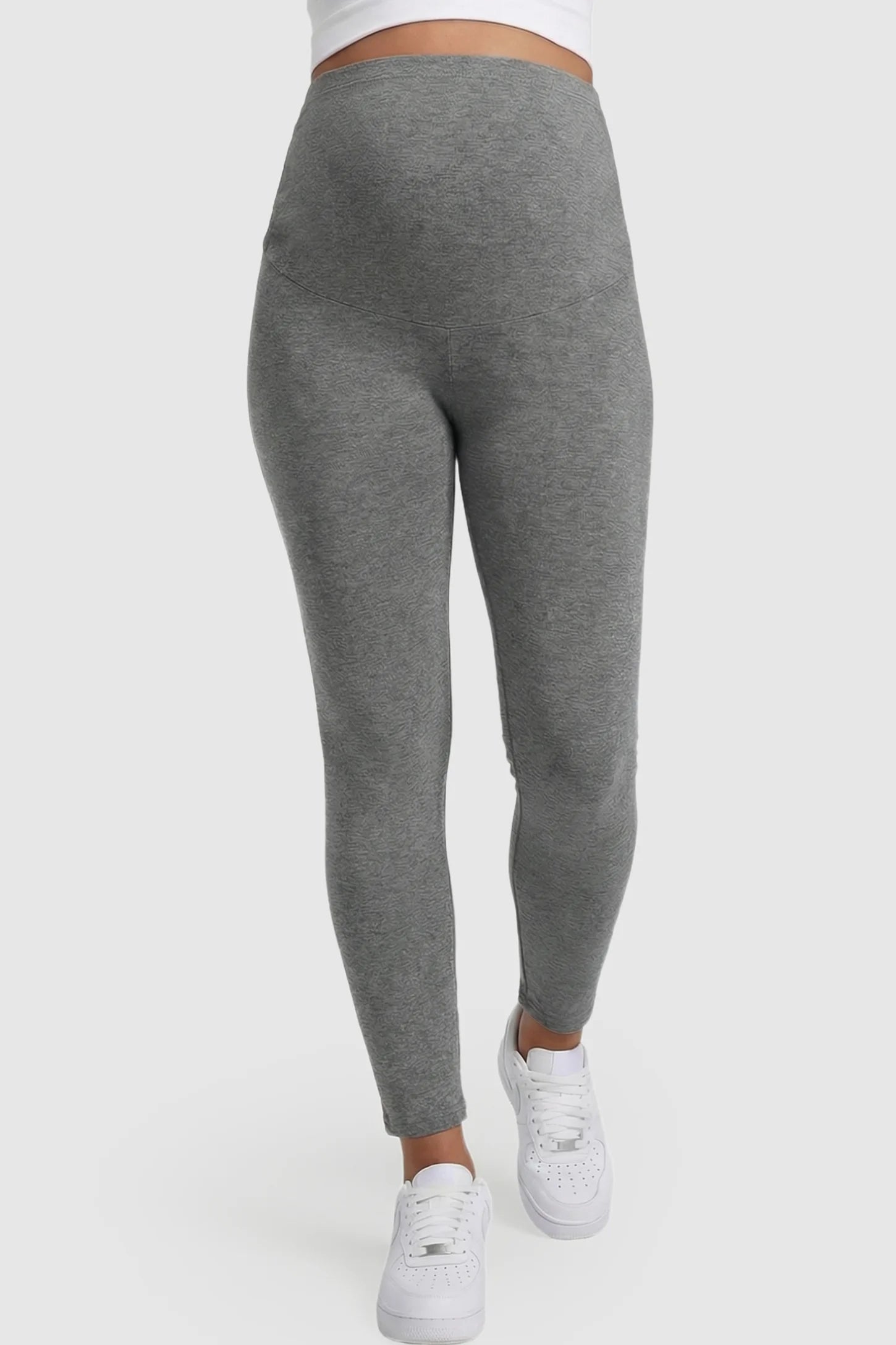 High Waist Belly Support Full Length Maternity Leggings High Waist Belly Support Full Length Maternity Leggings in Gray featuring molding waistband on a pregnant model showing front.