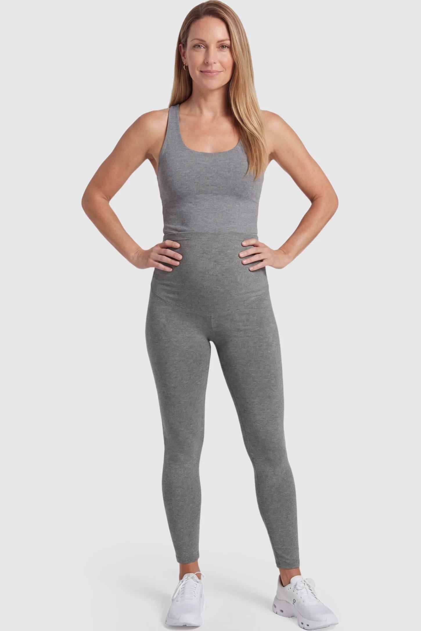 High Waist Belly Support Full Length Maternity Leggings High Waist Belly Support Full Length Maternity Leggings in Gray featuring molding waistband on a postpartum model posing front.