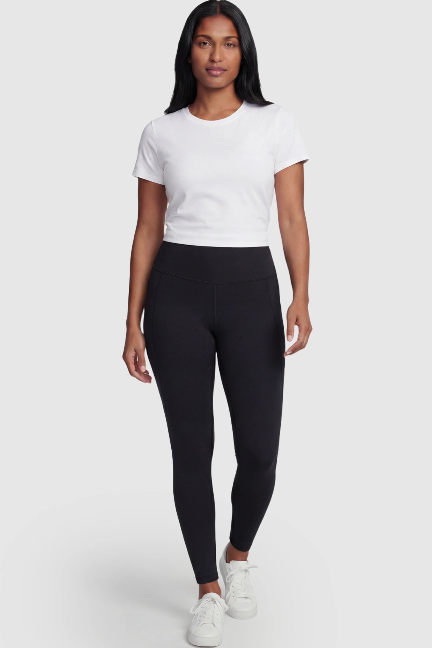 High Waist Full Panel Pocketed Maternity Leggings High Waist Full Panel Maternity Leggings in Black featuring side pockets on a postpartum model.