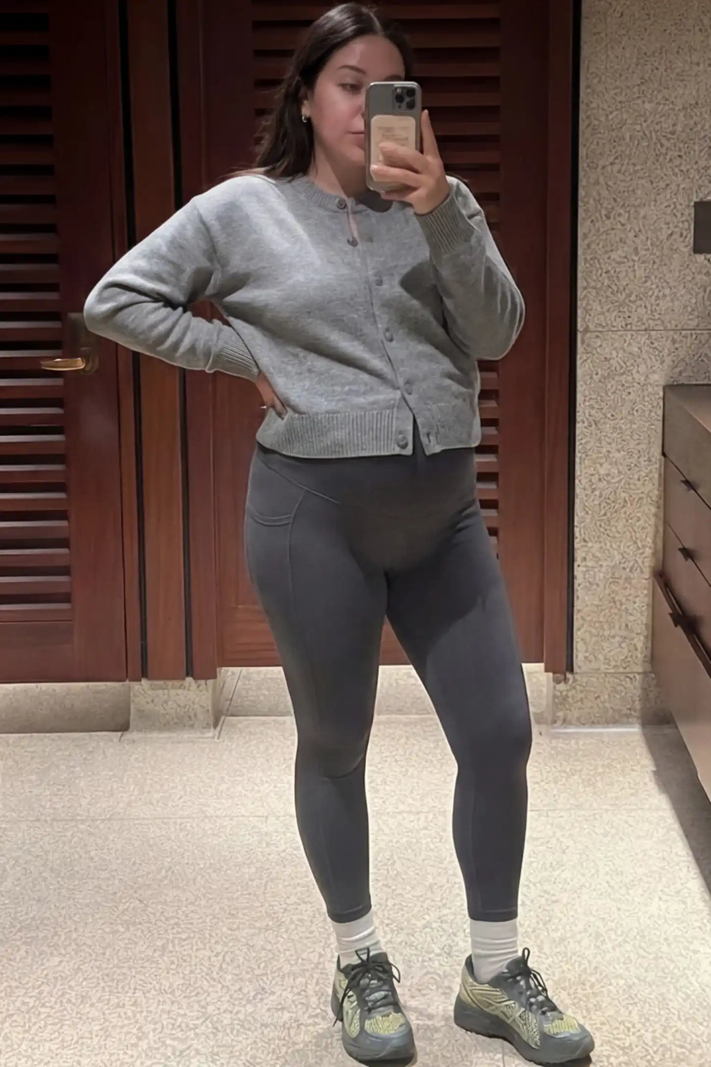 High Waist Full Panel Pocketed Maternity Leggings High Waist Full Panel Maternity Leggings in Dark Gray featuring side pockets on a pregnant woman.