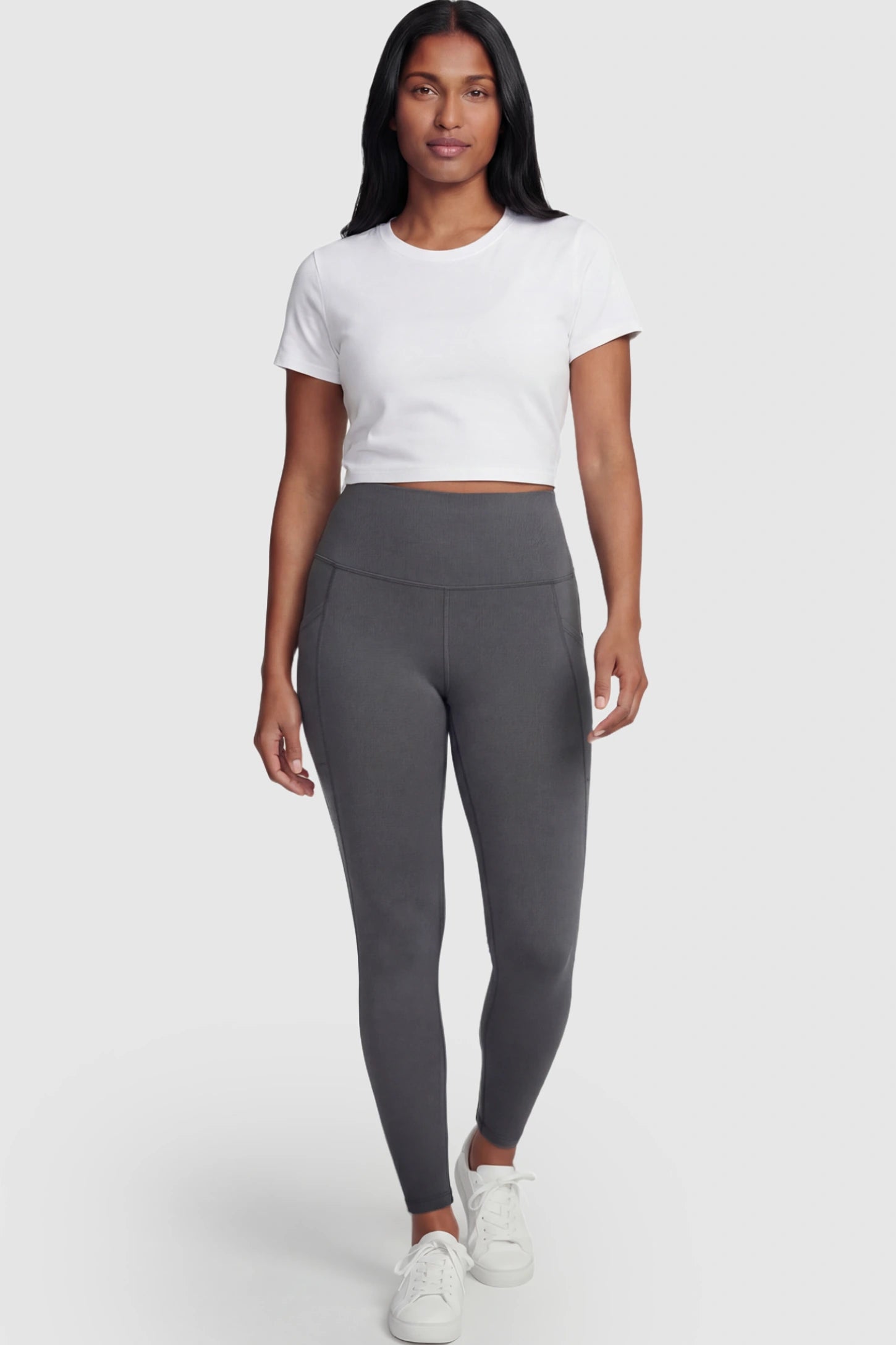 High Waist Full Panel Pocketed Maternity Leggings High Waist Full Panel Maternity Leggings in Dark Gray featuring side pockets on a postpartum model.