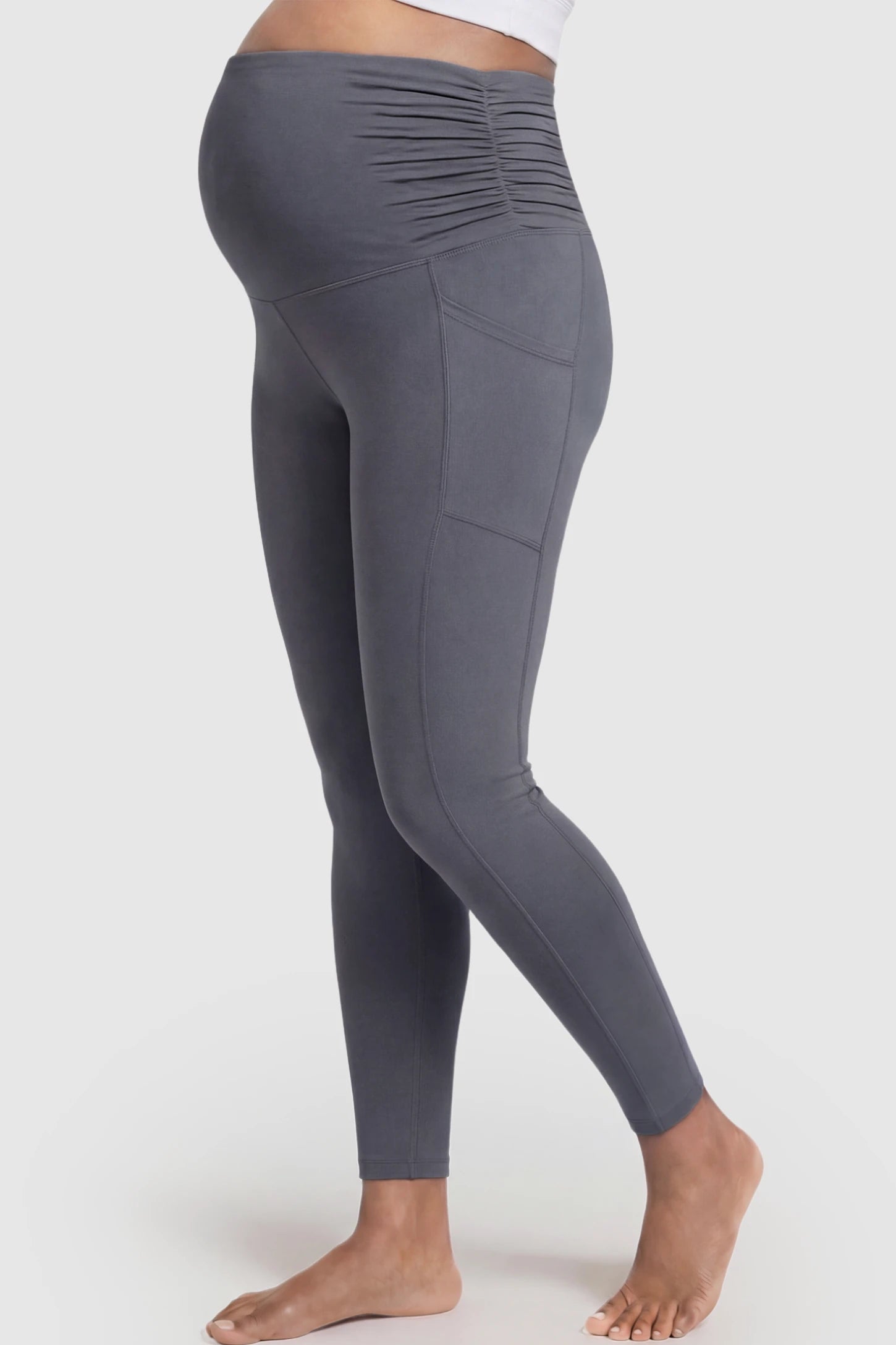 High Waist Full Panel Pocketed Maternity Leggings High Waist Full Panel Maternity Leggings in Dark Gray featuring side pockets on a pregnant model showing side.