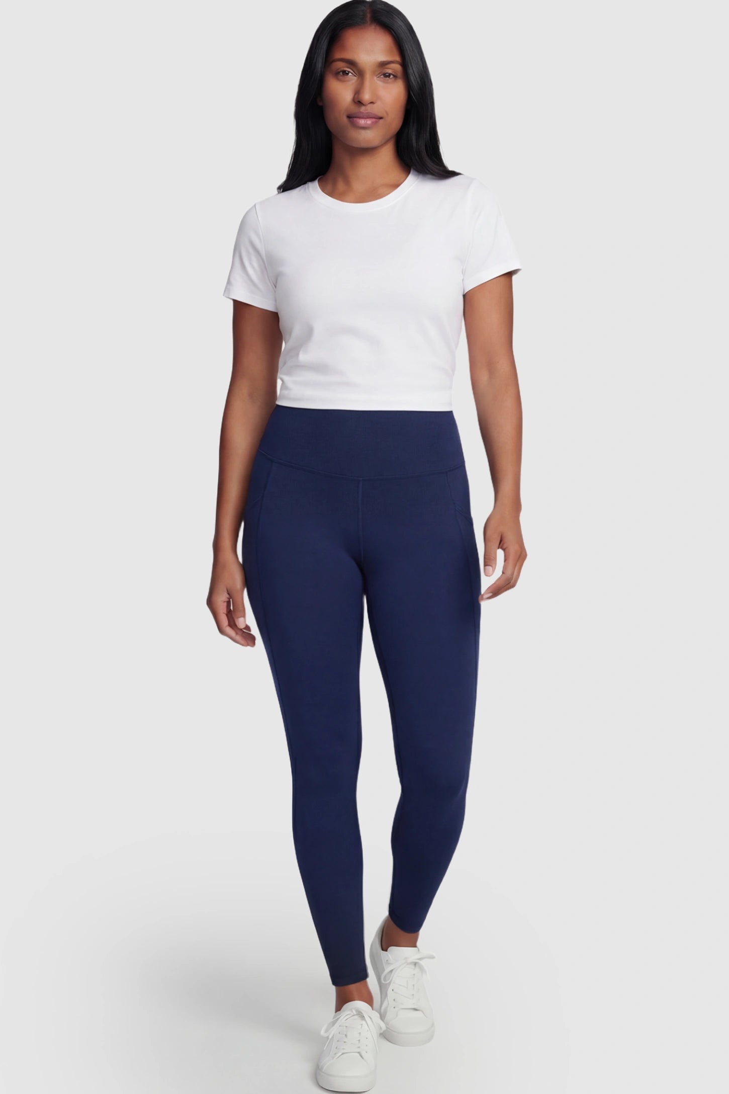 High Waist Full Panel Pocketed Maternity Leggings High Waist Full Panel Maternity Leggings in Navy Blue featuring side pockets on a postpartum model.