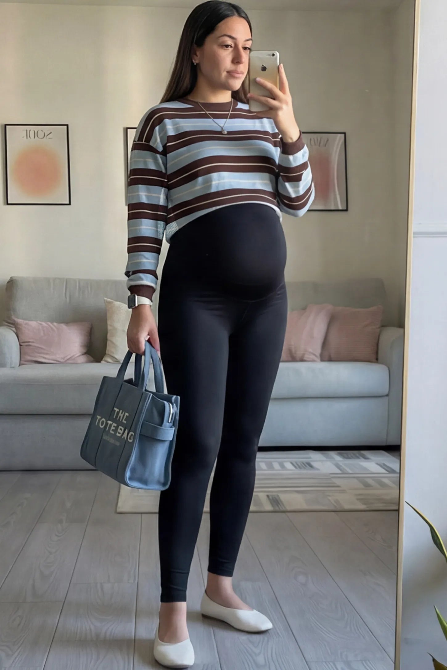 High Waist Full Panel Stretch Fit Maternity Leggings High Waist Full Panel Stretch Fit Maternity Leggings in Black featuring a seamless over-the-belly panel on a pregnant woman.