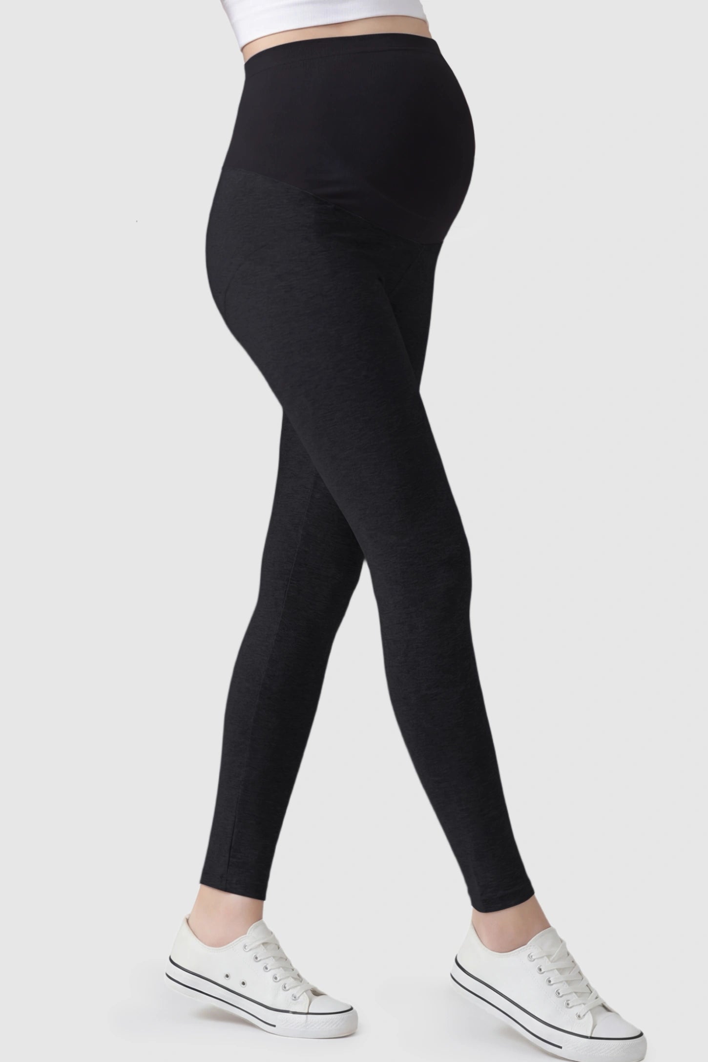 High Waist Full Panel Stretch Fit Maternity Leggings High Waist Full Panel Stretch Fit Maternity Leggings in Black featuring a seamless over-the-belly panel on a pregnant model showing side.