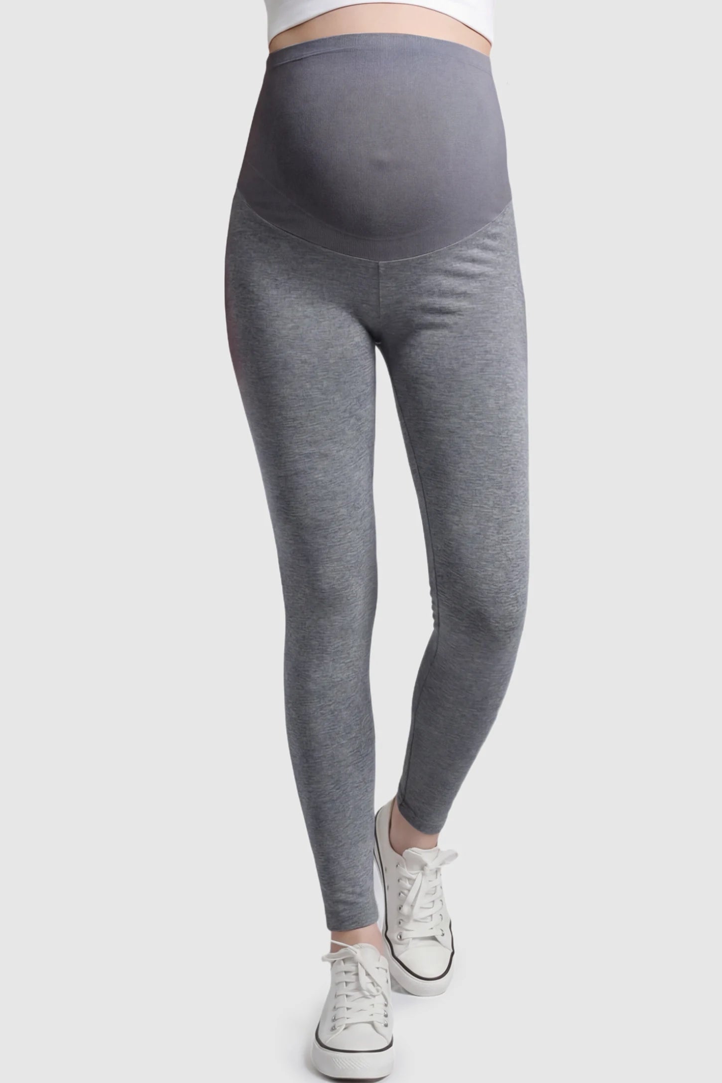 High Waist Full Panel Stretch Fit Maternity Leggings High Waist Full Panel Stretch Fit Maternity Leggings in Dark Gray featuring a seamless over-the-belly panel on a pregnant model showing front.