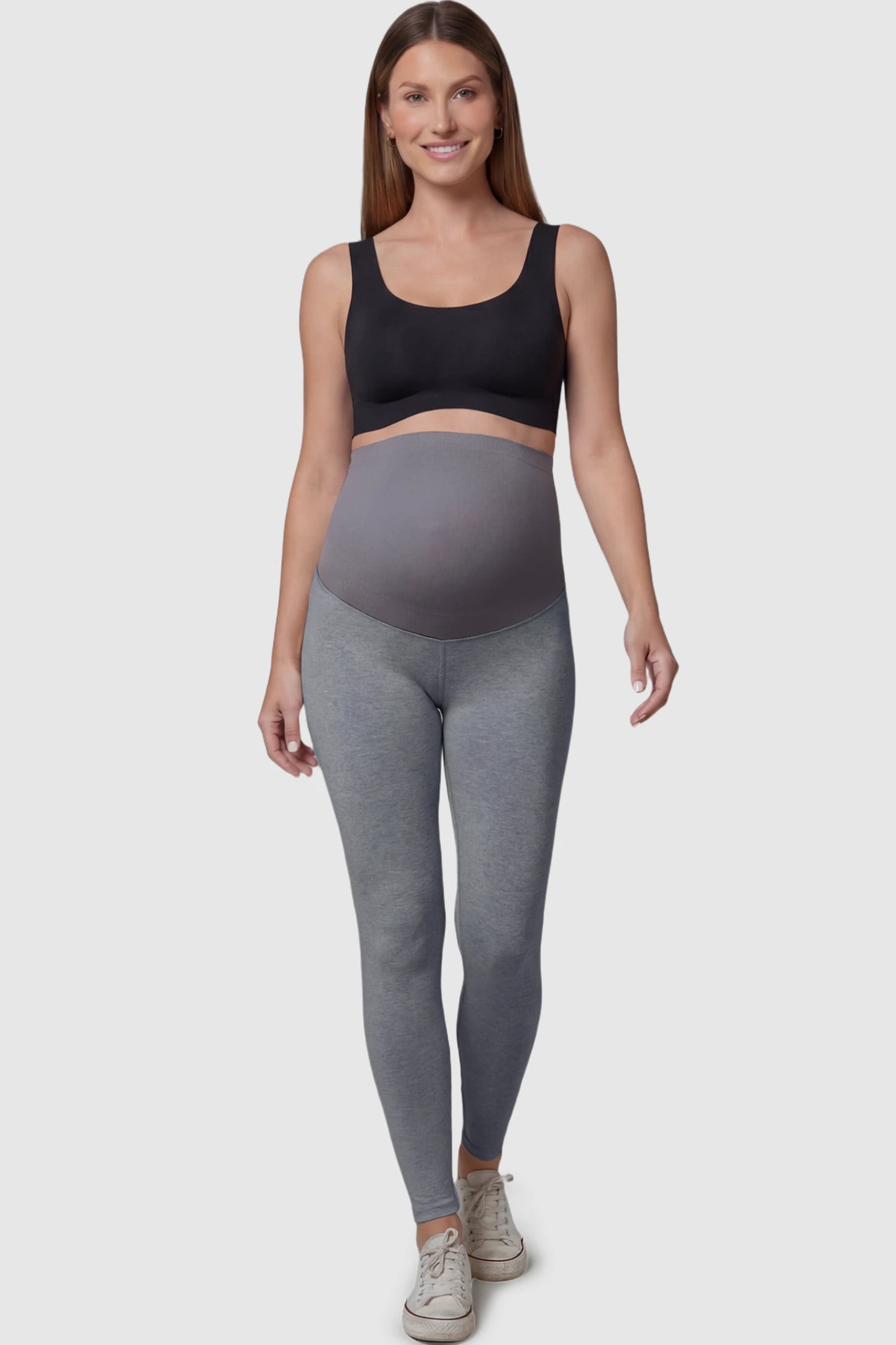 High Waist Full Panel Stretch Fit Maternity Leggings High Waist Full Panel Stretch Fit Maternity Leggings in Dark Gray featuring a seamless over-the-belly panel on a pregnant model.