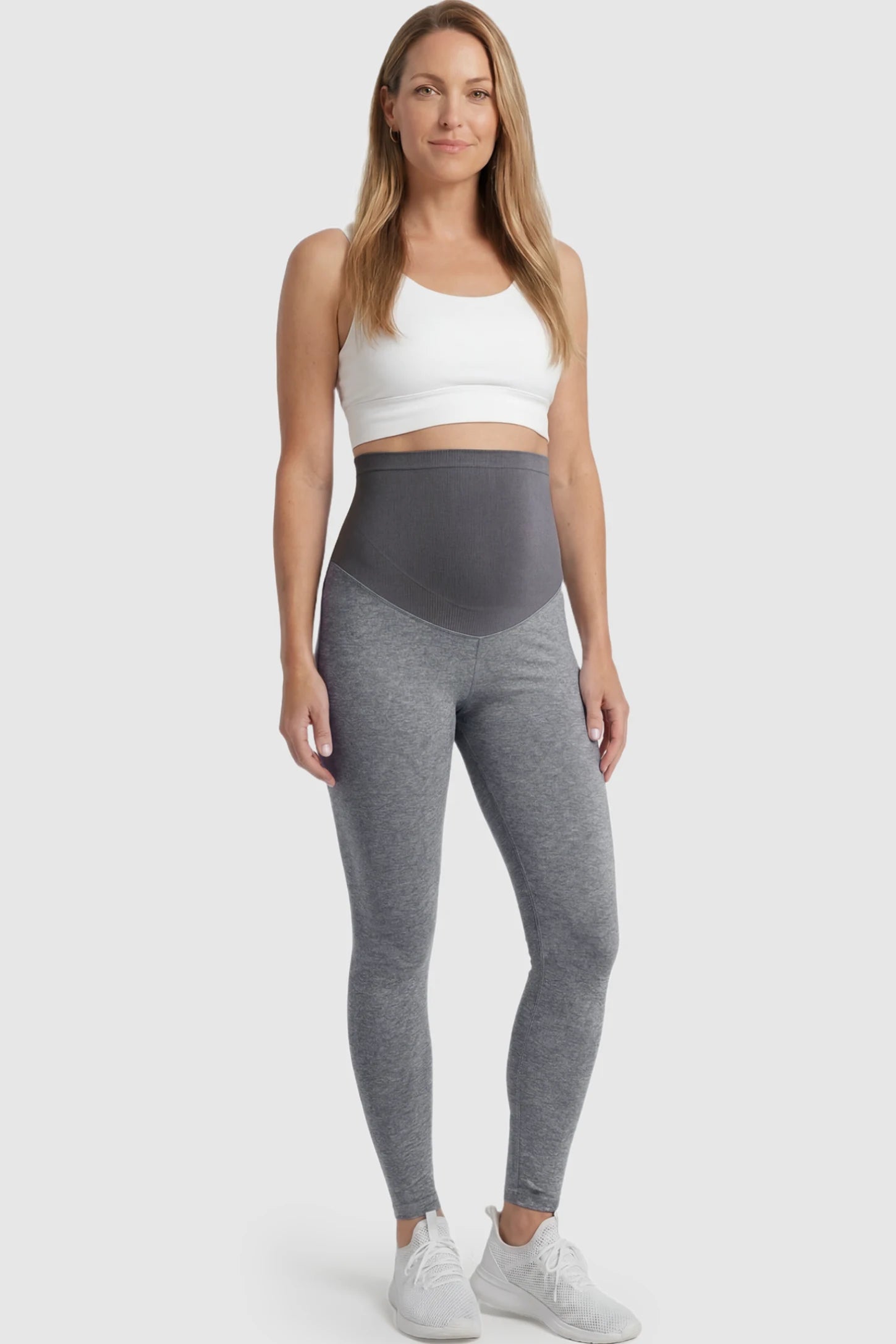 High Waist Full Panel Stretch Fit Maternity Leggings High Waist Full Panel Stretch Fit Maternity Leggings in Dark Gray featuring a seamless over-the-belly panel on a postpartum model.