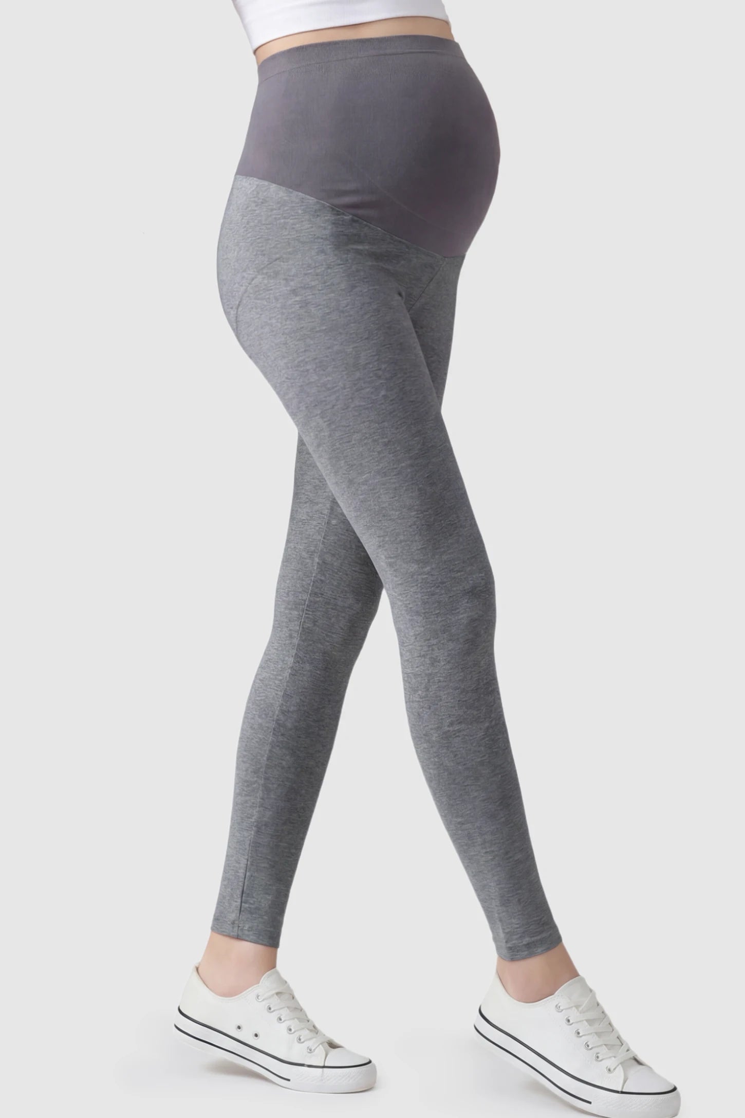 High Waist Full Panel Stretch Fit Maternity Leggings High Waist Full Panel Stretch Fit Maternity Leggings in Dark Gray featuring a seamless over-the-belly panel on a pregnant model showing side.