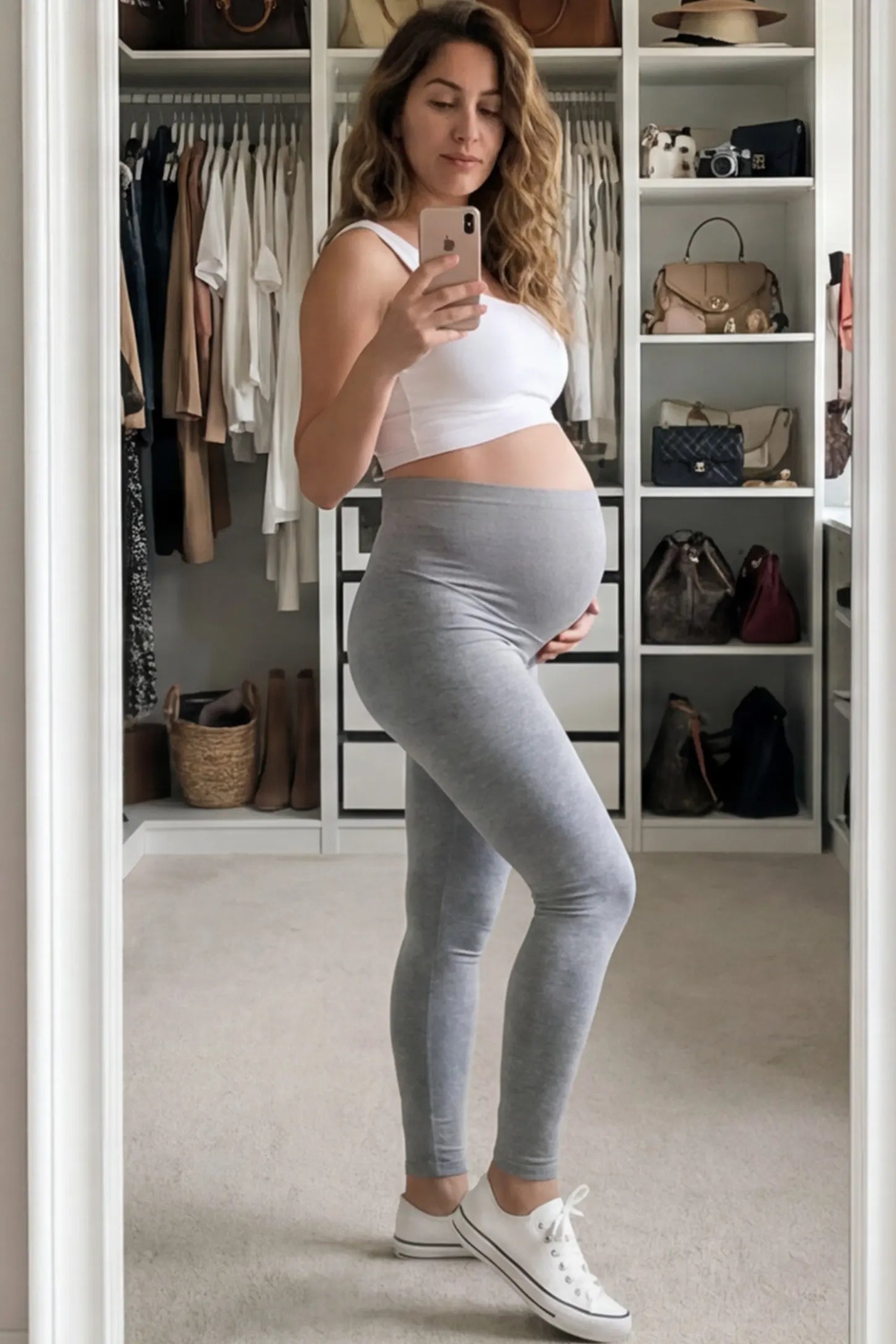High Waist Full Panel Stretch Fit Maternity Leggings High Waist Full Panel Stretch Fit Maternity Leggings in Light Gray featuring a seamless over-the-belly panel on a pregnant woman.