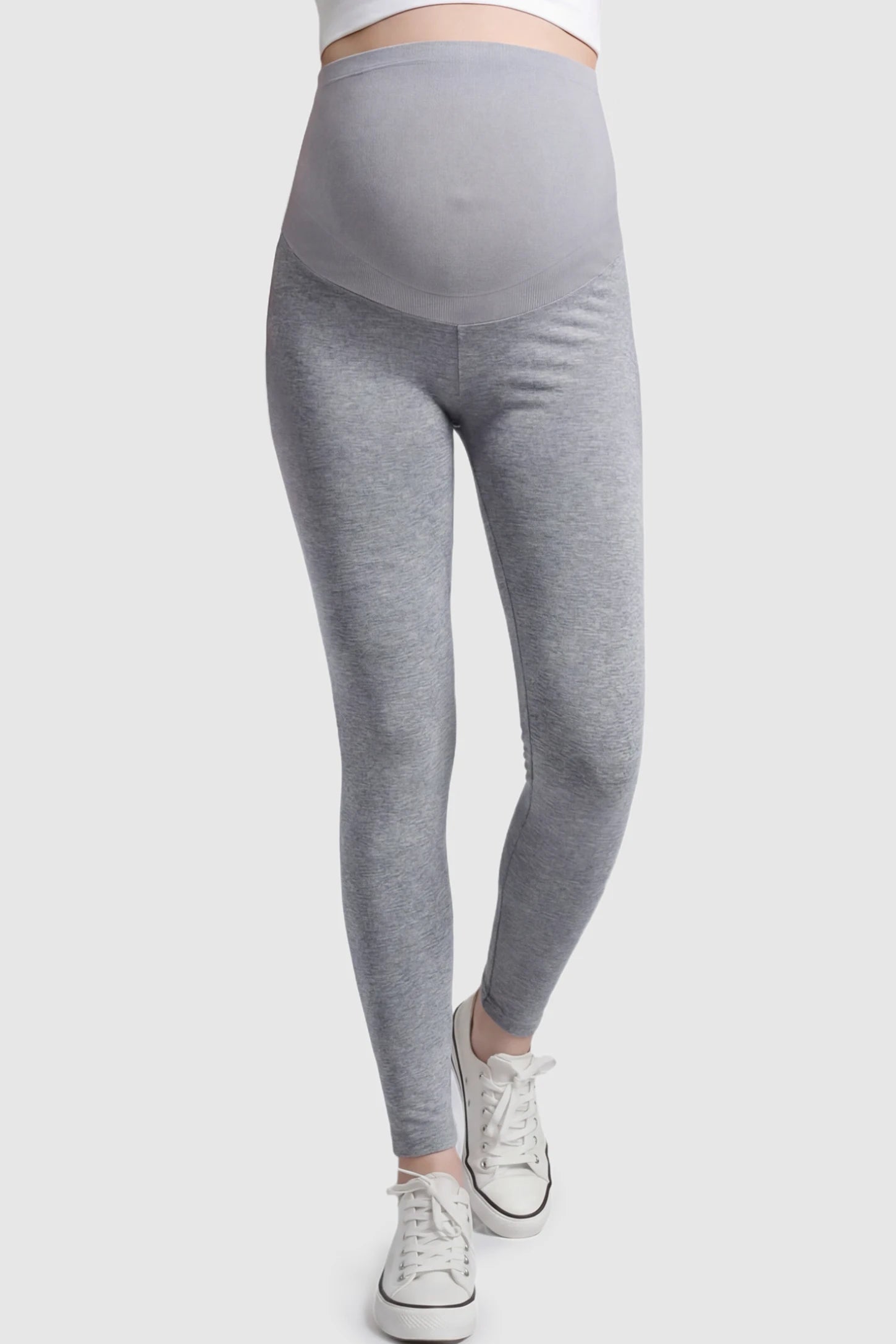 High Waist Full Panel Stretch Fit Maternity Leggings High Waist Full Panel Stretch Fit Maternity Leggings in Light Gray featuring a seamless over-the-belly panel on a pregnant model showing front.