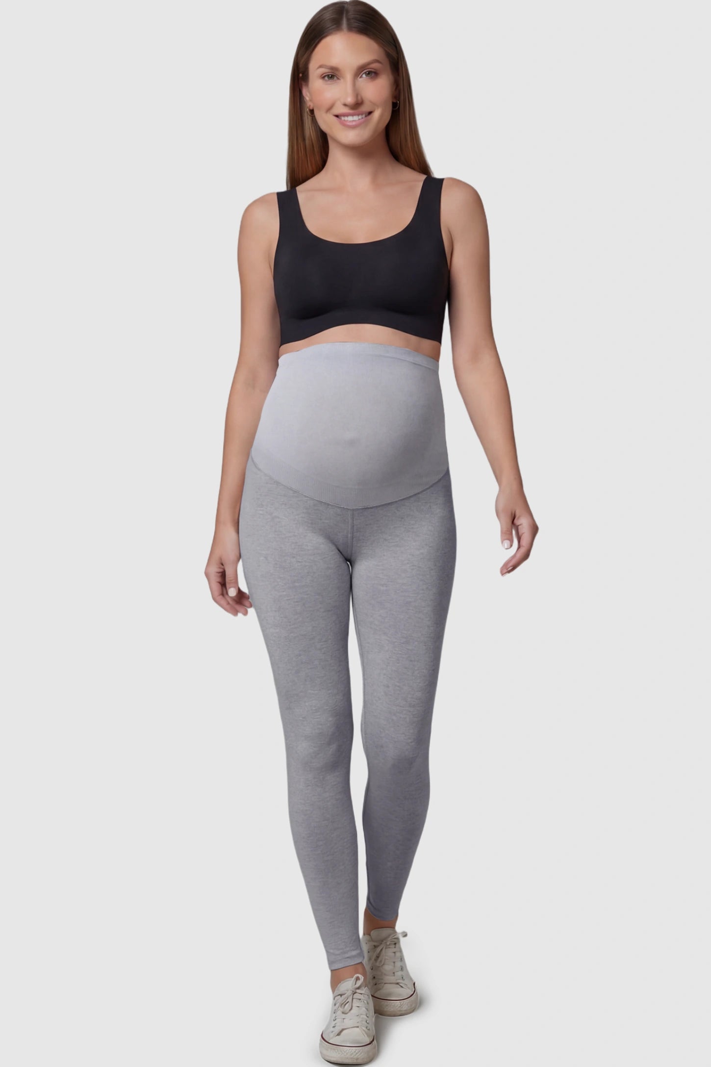 High Waist Full Panel Stretch Fit Maternity Leggings High Waist Full Panel Stretch Fit Maternity Leggings in Light Gray featuring a seamless over-the-belly panel on a pregnant model.