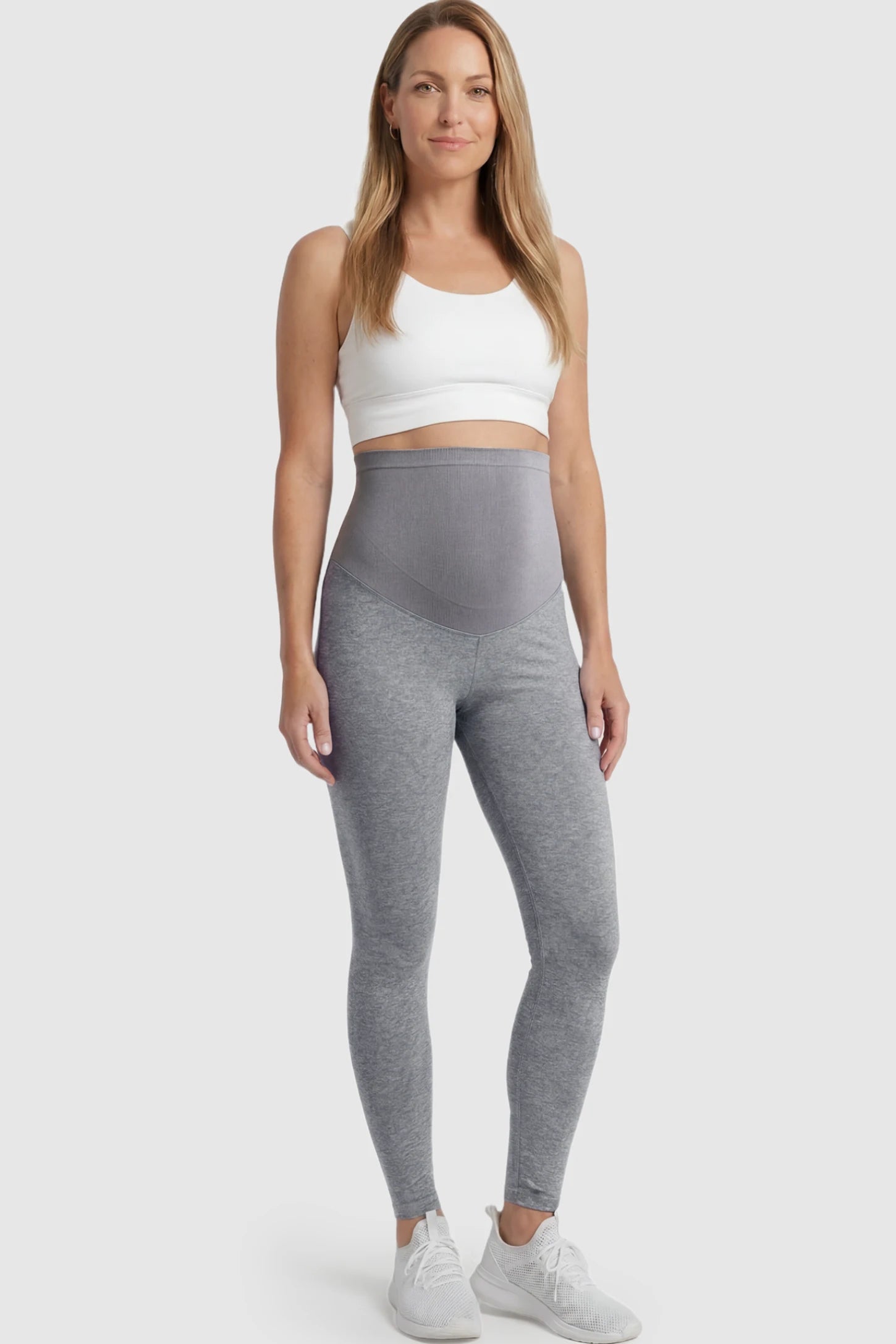 High Waist Full Panel Stretch Fit Maternity Leggings High Waist Full Panel Stretch Fit Maternity Leggings in Light Gray featuring a seamless over-the-belly panel on a postpartum model.