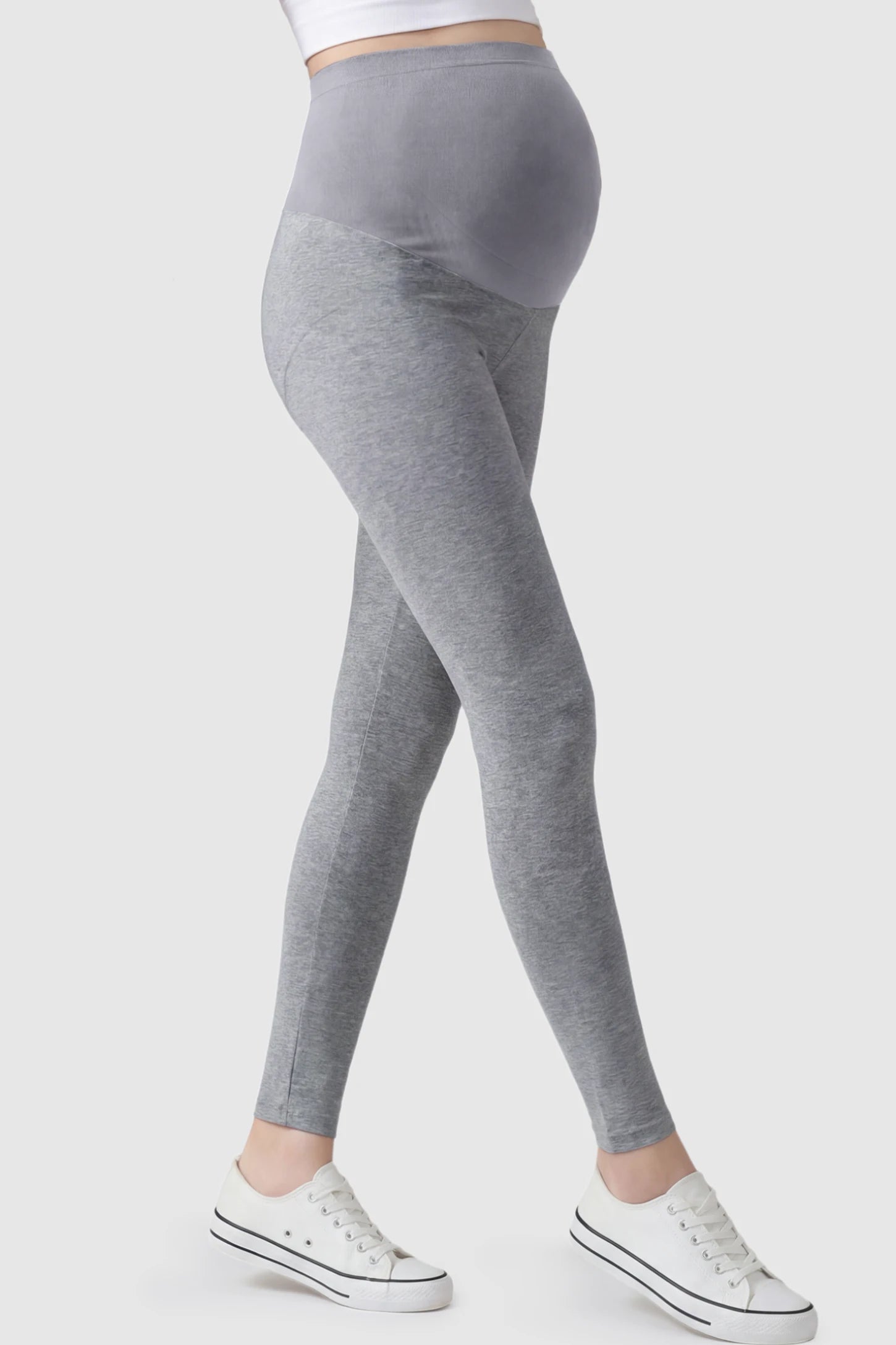 High Waist Full Panel Stretch Fit Maternity Leggings High Waist Full Panel Stretch Fit Maternity Leggings in Light Gray featuring a seamless over-the-belly panel on a pregnant model showing side.