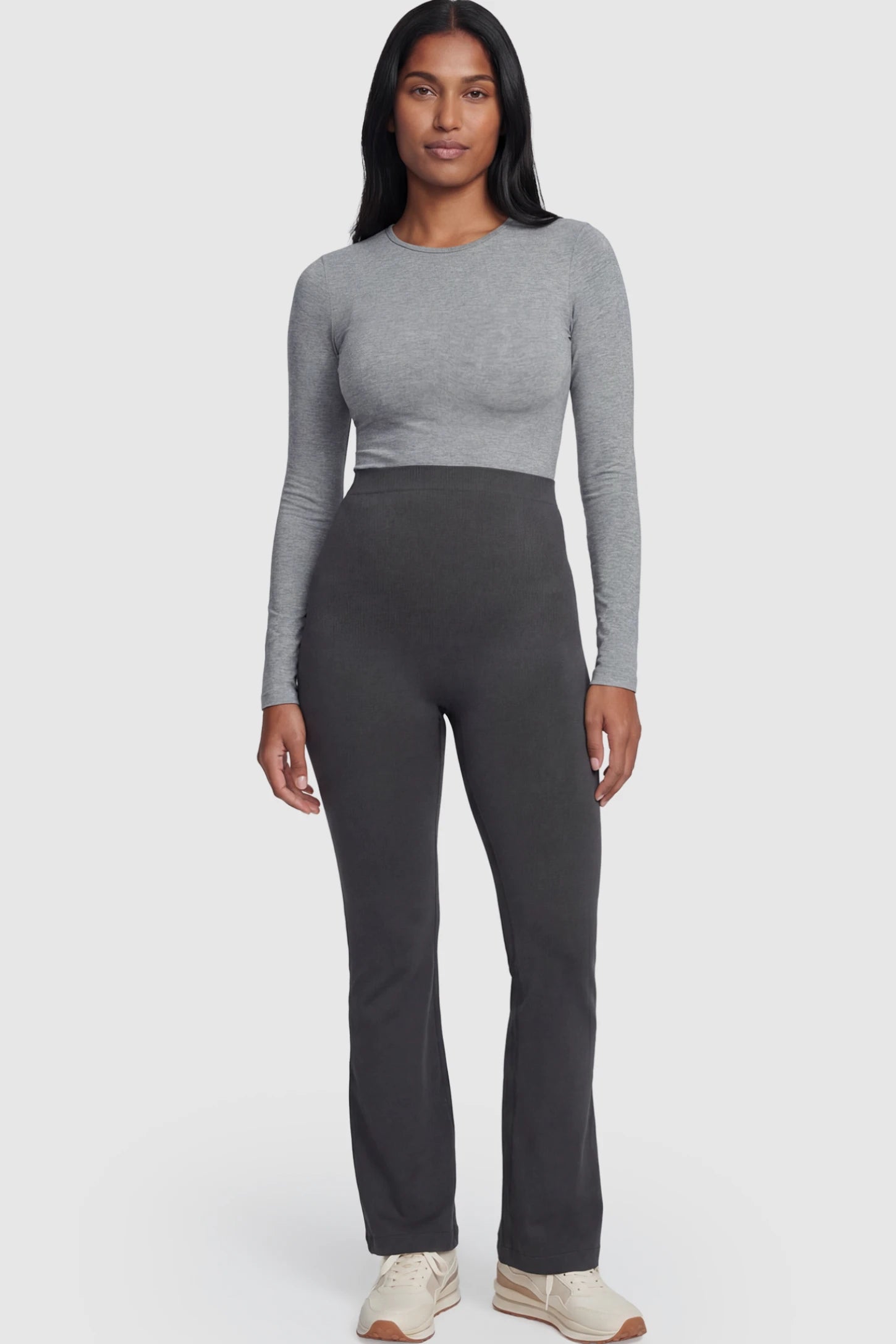 High Waisted Flare Leg Maternity Pants High Waisted Flare Leg Maternity Pants in gray featuring a flexible over-the-belly support band on a postpartum model.