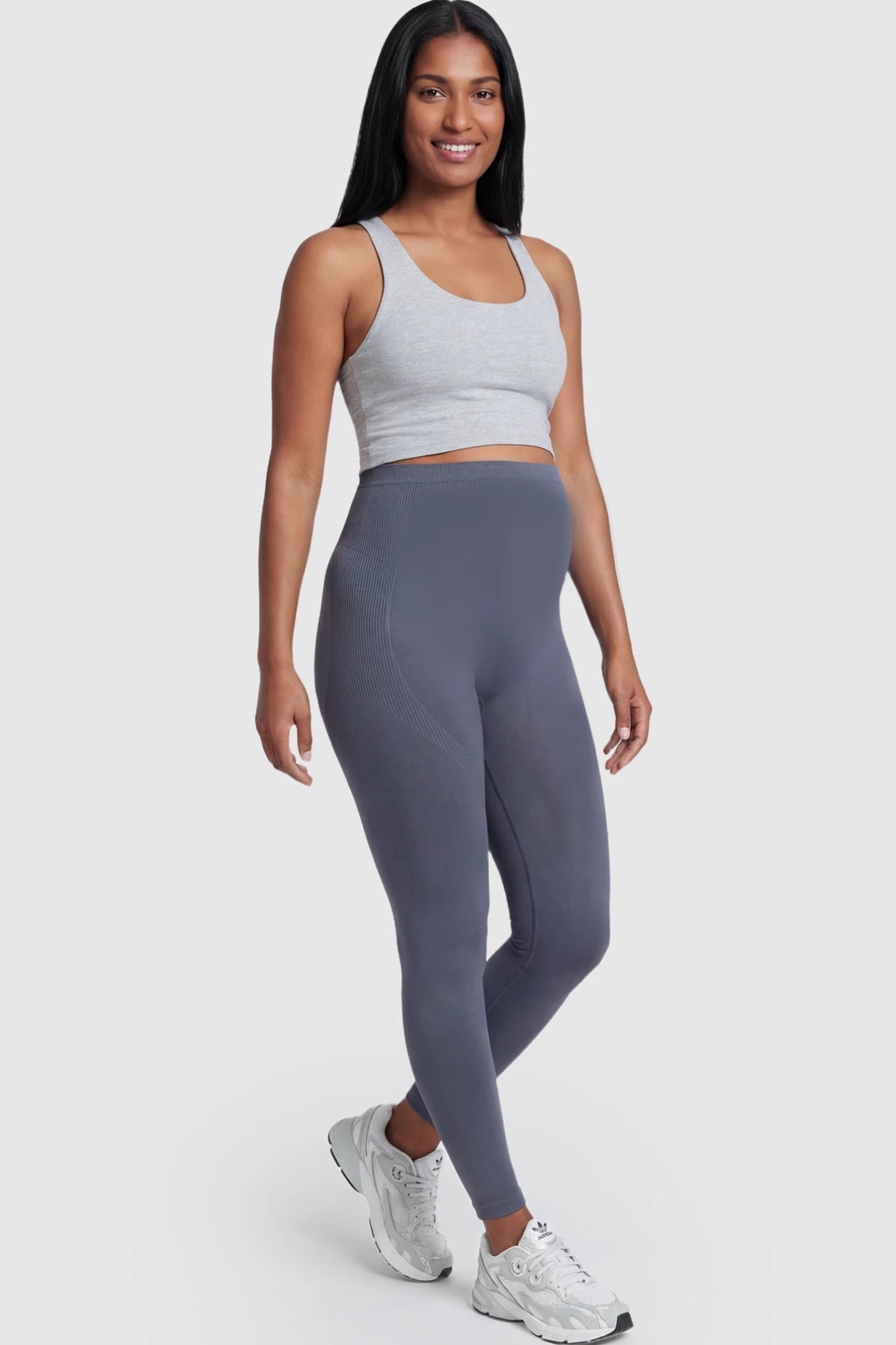 High Waisted Full Length Maternity Leggings High Waisted Full Length Maternity Leggings in Gray featuring a seamless over-the-bump band on a postpartum model showing front.