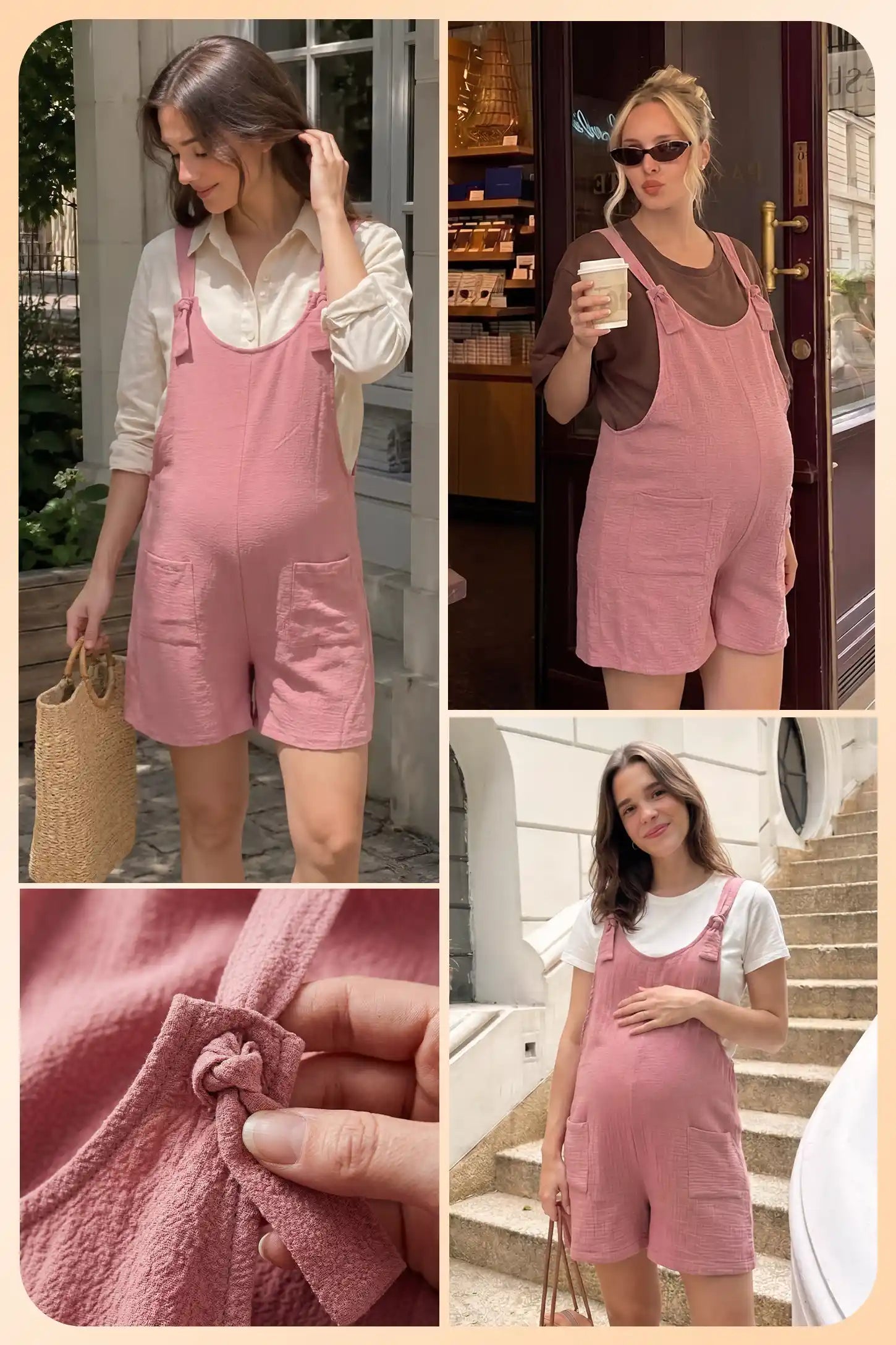 Knot Strap Front Pocket Maternity Romper Collage image of the pink Knot Strap Front Pocket Maternity Romper showing lifestyle looks and fabric detail.
