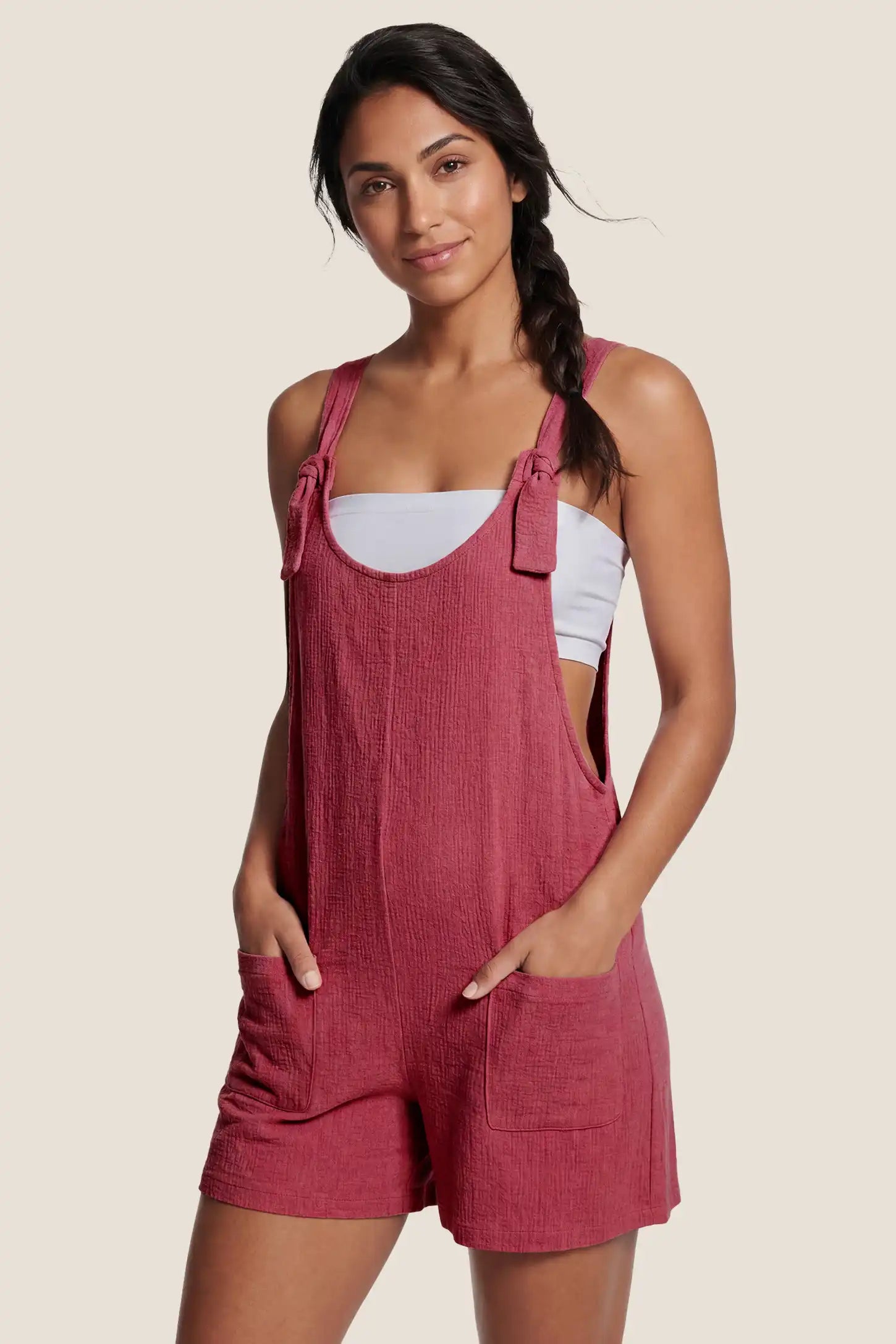 Knot Strap Front Pocket Maternity Romper Postpartum hero view of the rose red Knot Strap Front Pocket Maternity Romper with front pockets and an easy relaxed silhouette.