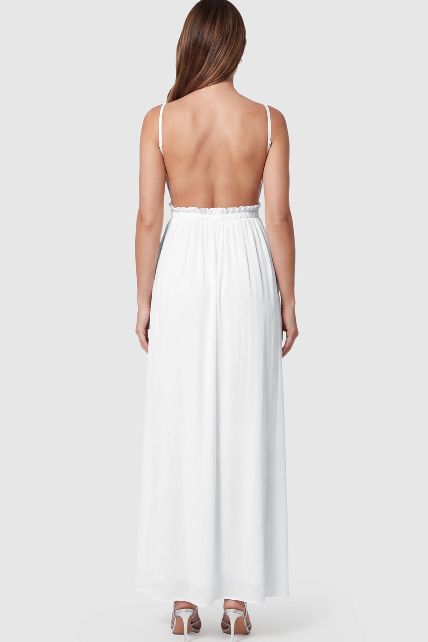 Lace Bodice V-Neck Maternity Maxi Dress Lace Bodice V-Neck Maternity Maxi Dress in White featuring an open back on a pregnant model.