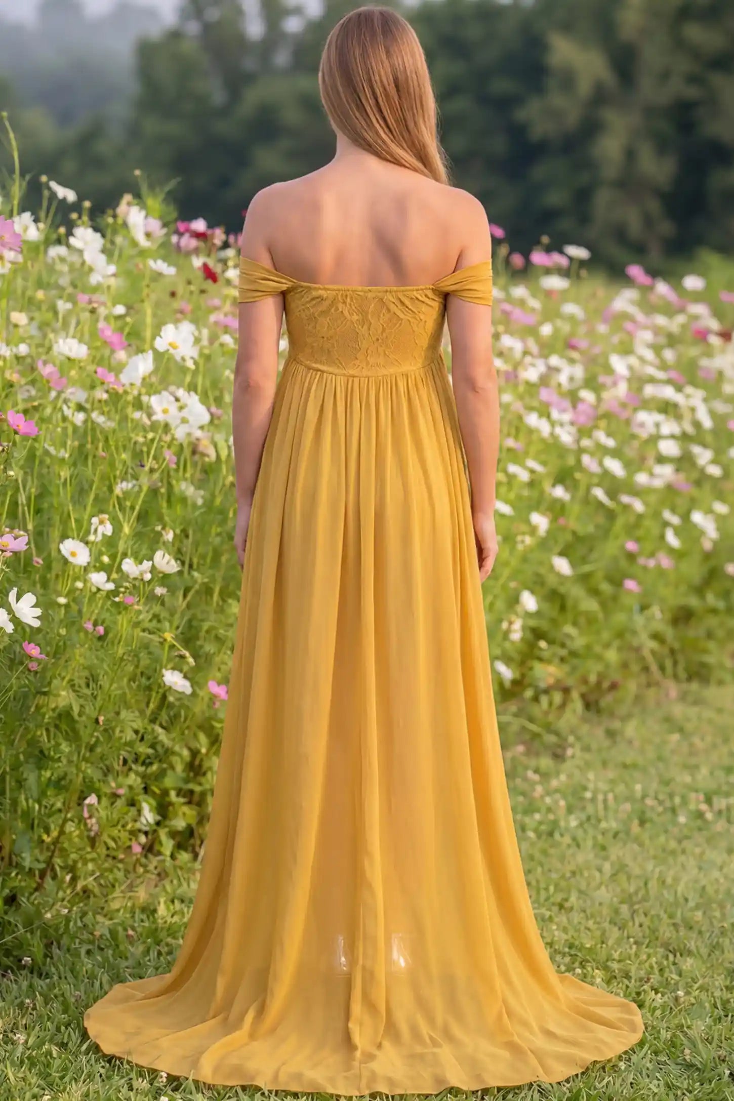 Lace Off Shoulder Slit Front Maternity Gown Lace Off Shoulder Slit Front Maternity Gown in Apricot Yellow featuring off shoulder and flowy chiffon on a pregnant model showing back.
