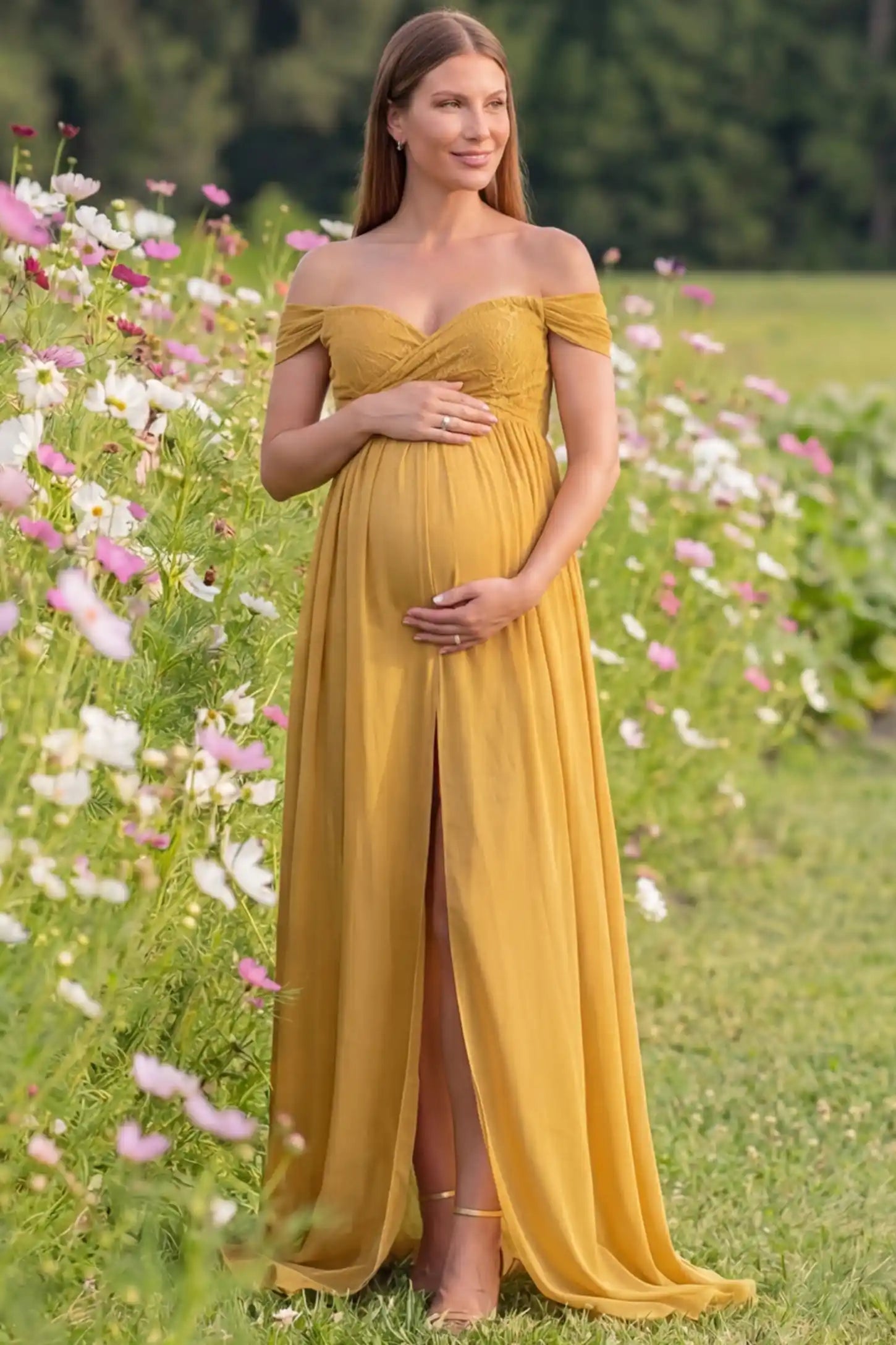 Lace Off Shoulder Slit Front Maternity Gown Lace Off Shoulder Slit Front Maternity Gown in Apricot Yellow featuring off shoulder and flowy chiffon on a pregnant model showing front.