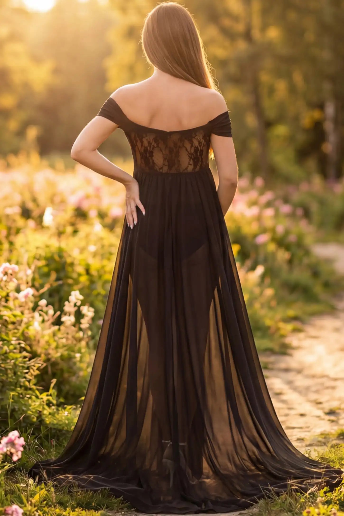 Lace Off Shoulder Slit Front Maternity Gown Lace Off Shoulder Slit Front Maternity Gown in Black featuring off shoulder and flowy chiffon on a pregnant model showing back.