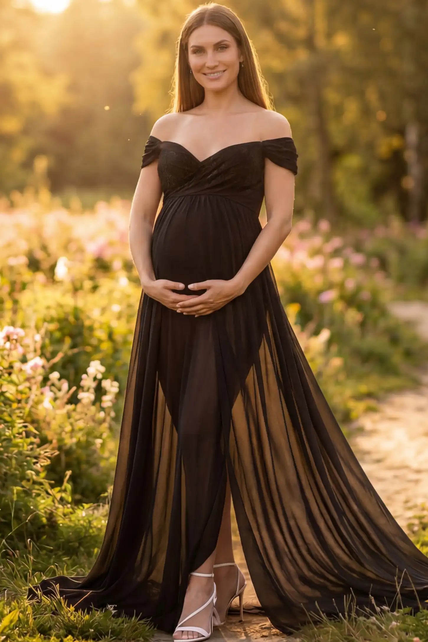 Lace Off Shoulder Slit Front Maternity Gown Lace Off Shoulder Slit Front Maternity Gown in Black featuring off shoulder and flowy chiffon on a pregnant model showing front.