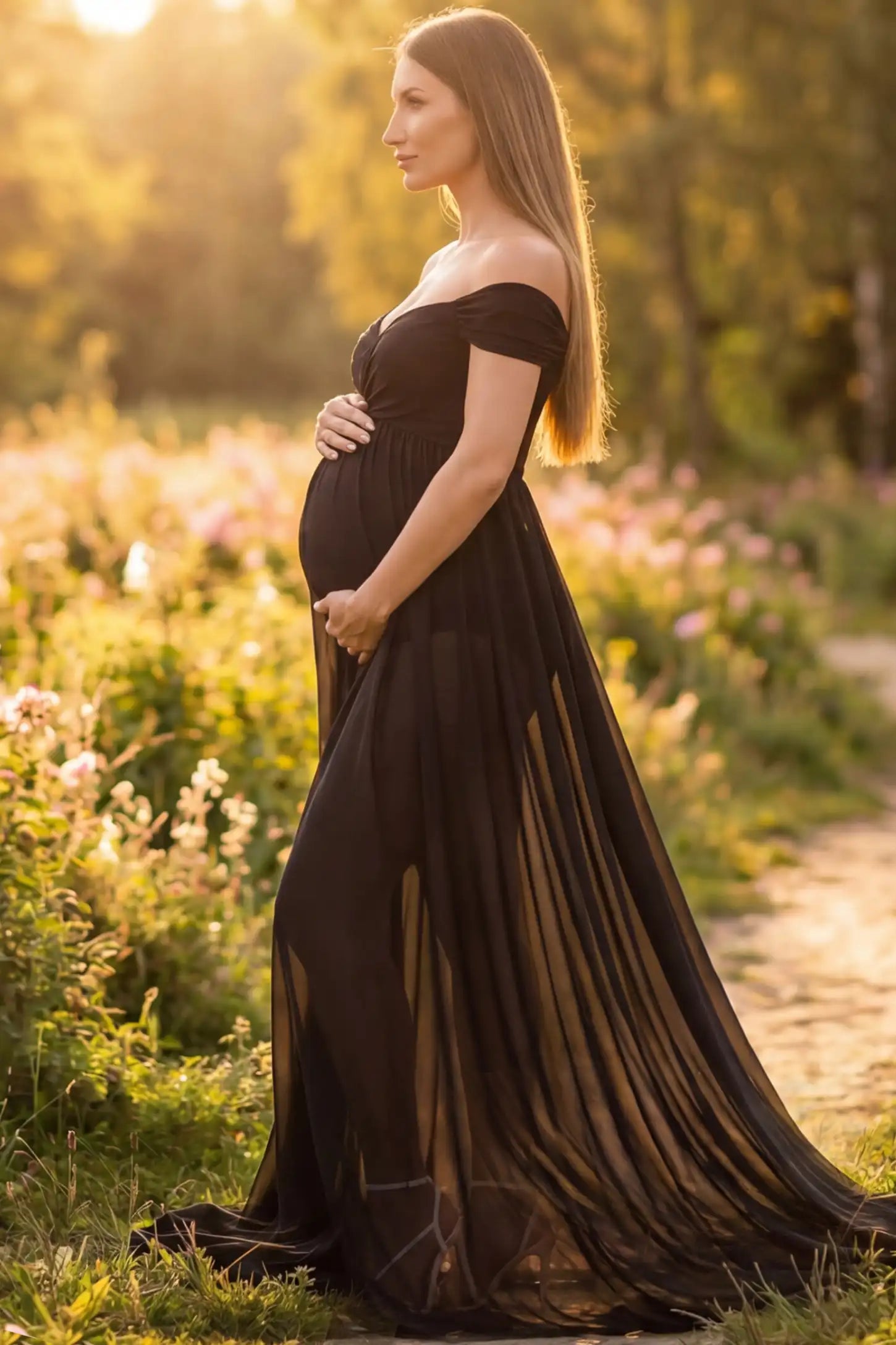 Lace Off Shoulder Slit Front Maternity Gown Lace Off Shoulder Slit Front Maternity Gown in Black featuring off shoulder and flowy chiffon on a pregnant model showing side.