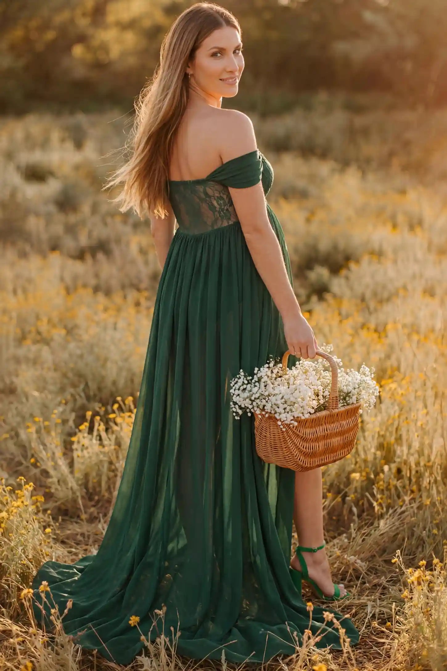 Lace Off Shoulder Slit Front Maternity Gown Lace Off Shoulder Slit Front Maternity Gown in Dark Green featuring off shoulder and flowy chiffon on a pregnant model showing back.