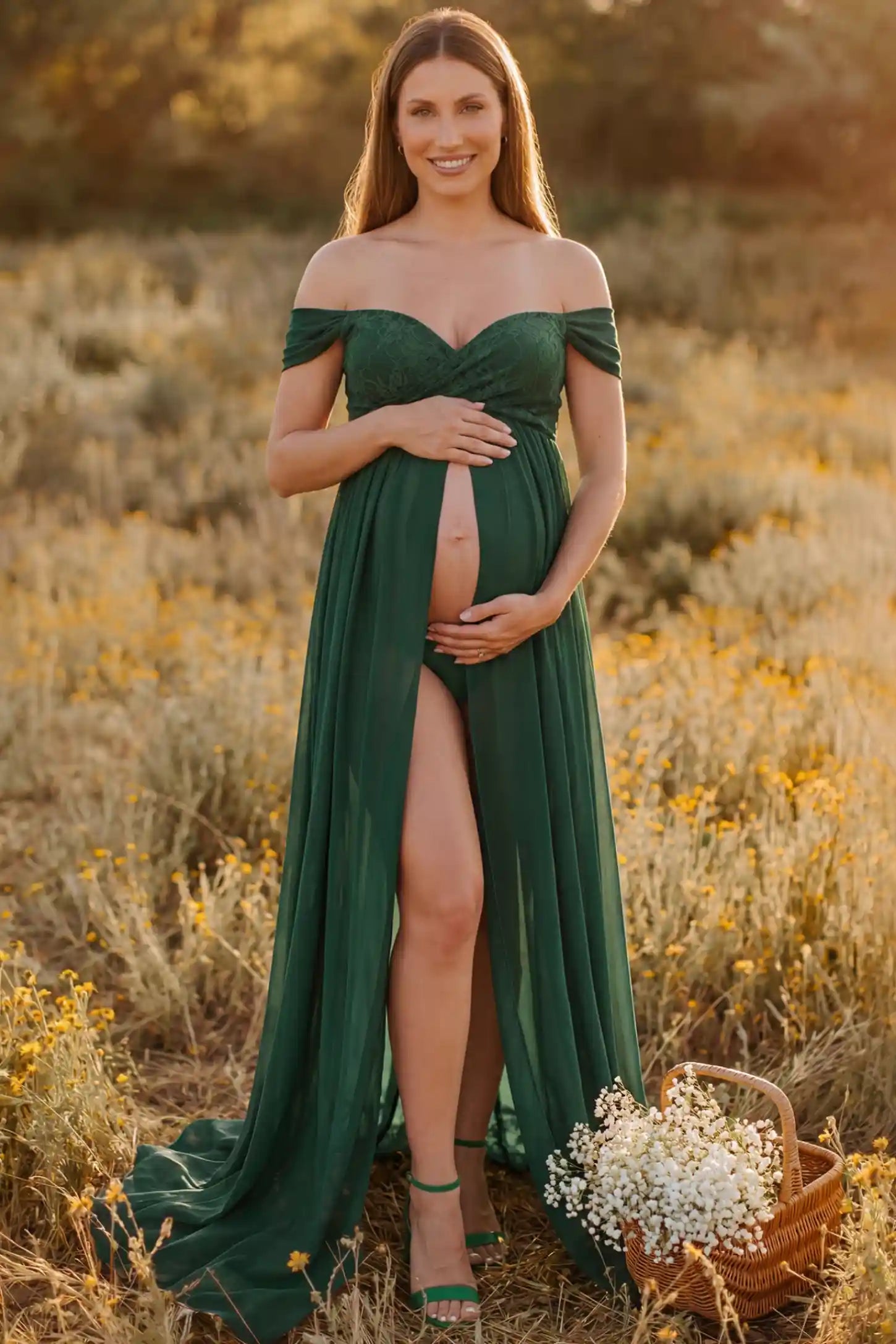 Lace Off Shoulder Slit Front Maternity Gown Lace Off Shoulder Slit Front Maternity Gown in Dark Green featuring off shoulder and flowy chiffon on a pregnant model showing front.