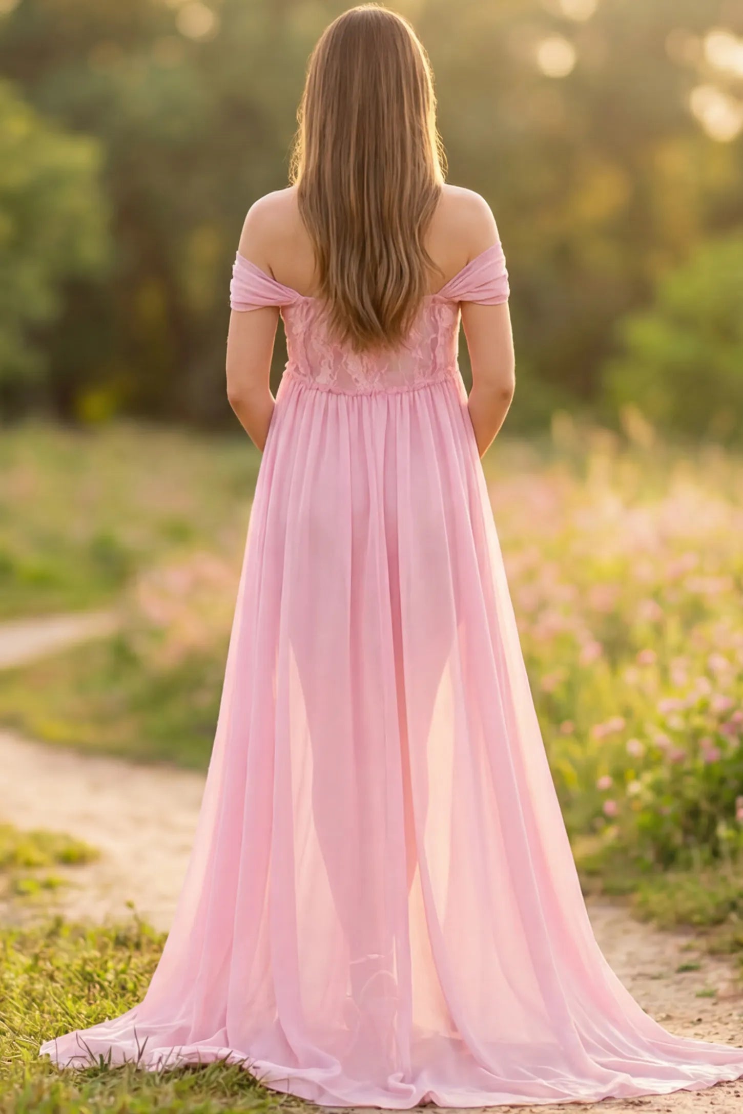 Lace Off Shoulder Slit Front Maternity Gown Lace Off Shoulder Slit Front Maternity Gown in Fruit Pink featuring off shoulder and flowy chiffon on a pregnant model showing back.