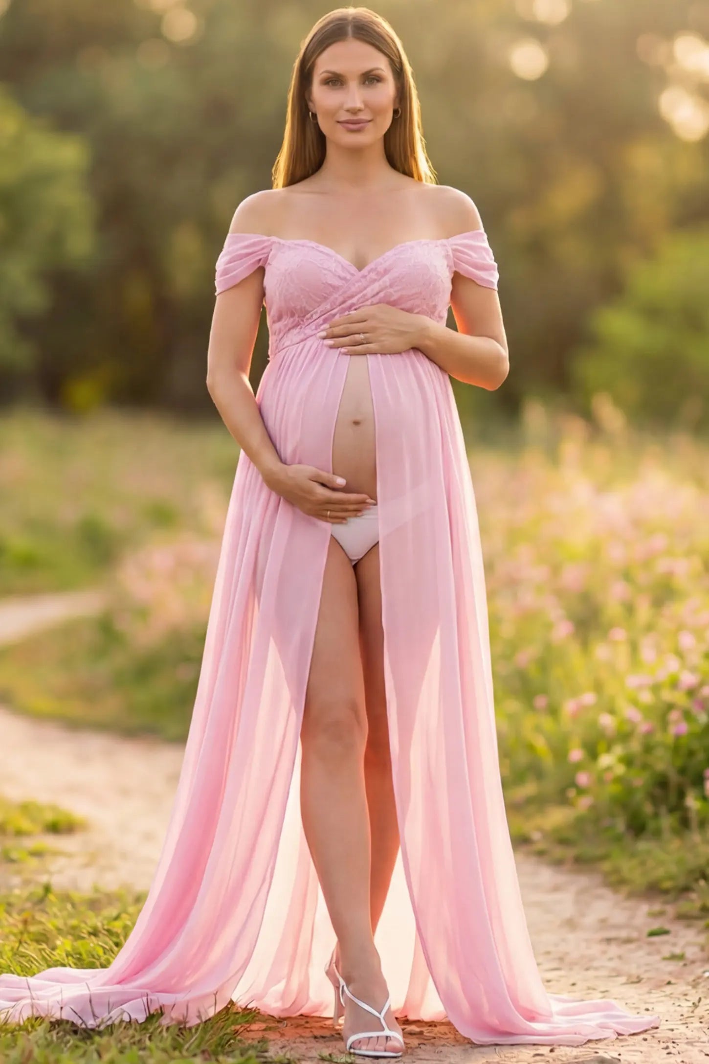 Lace Off Shoulder Slit Front Maternity Gown Lace Off Shoulder Slit Front Maternity Gown in Fruit Pink featuring off shoulder and flowy chiffon on a pregnant model showing front.