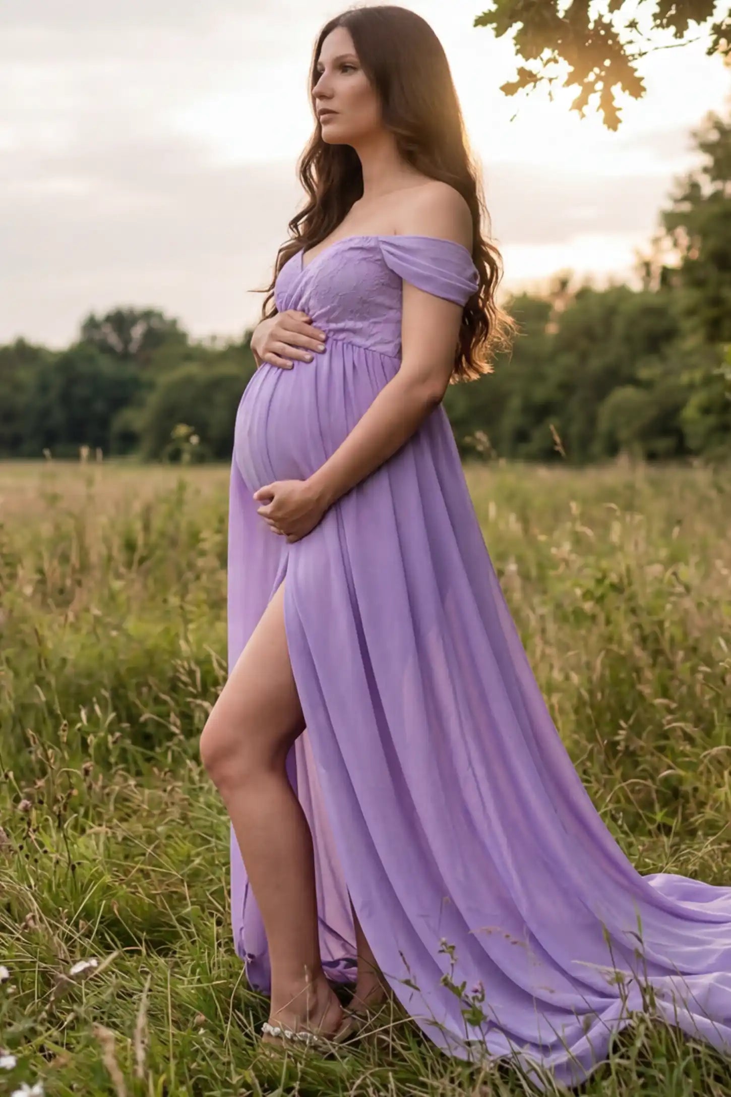 Lace Off Shoulder Slit Front Maternity Gown Lace Off Shoulder Slit Front Maternity Gown in Light Purple featuring off shoulder and high slit front on a pregnant woman during outdoor photoshoot.