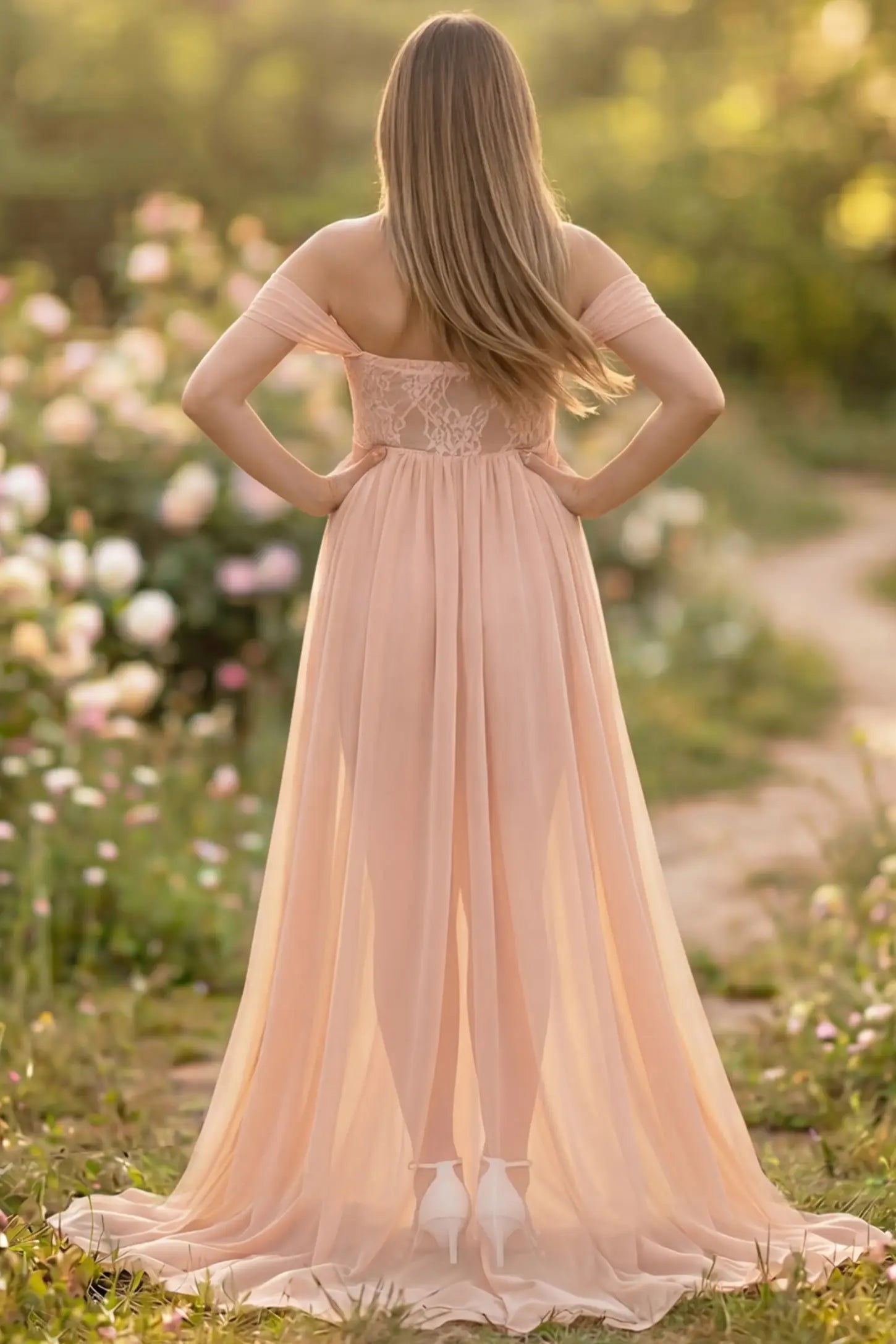 Lace Off Shoulder Slit Front Maternity Gown Lace Off Shoulder Slit Front Maternity Gown in Pink featuring off shoulder and flowy chiffon on a pregnant model showing back.