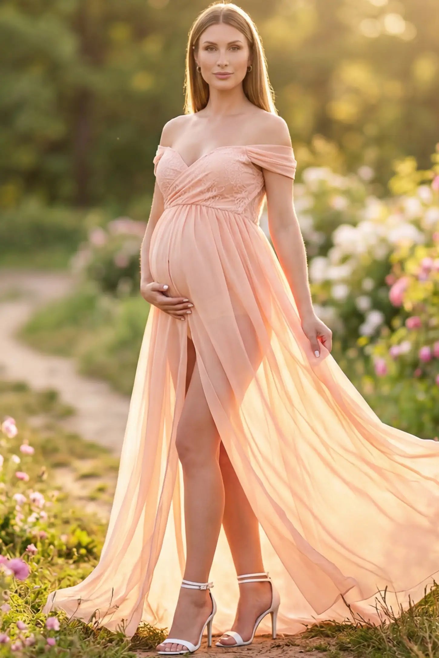 Lace Off Shoulder Slit Front Maternity Gown Lace Off Shoulder Slit Front Maternity Gown in Pink featuring off shoulder and flowy chiffon on a pregnant model showing front.