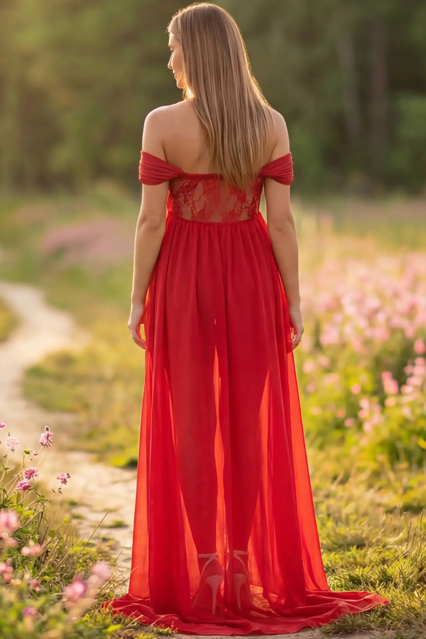 Lace Off Shoulder Slit Front Maternity Gown Lace Off Shoulder Slit Front Maternity Gown in Red featuring off shoulder and flowy chiffon on a pregnant model showing back.