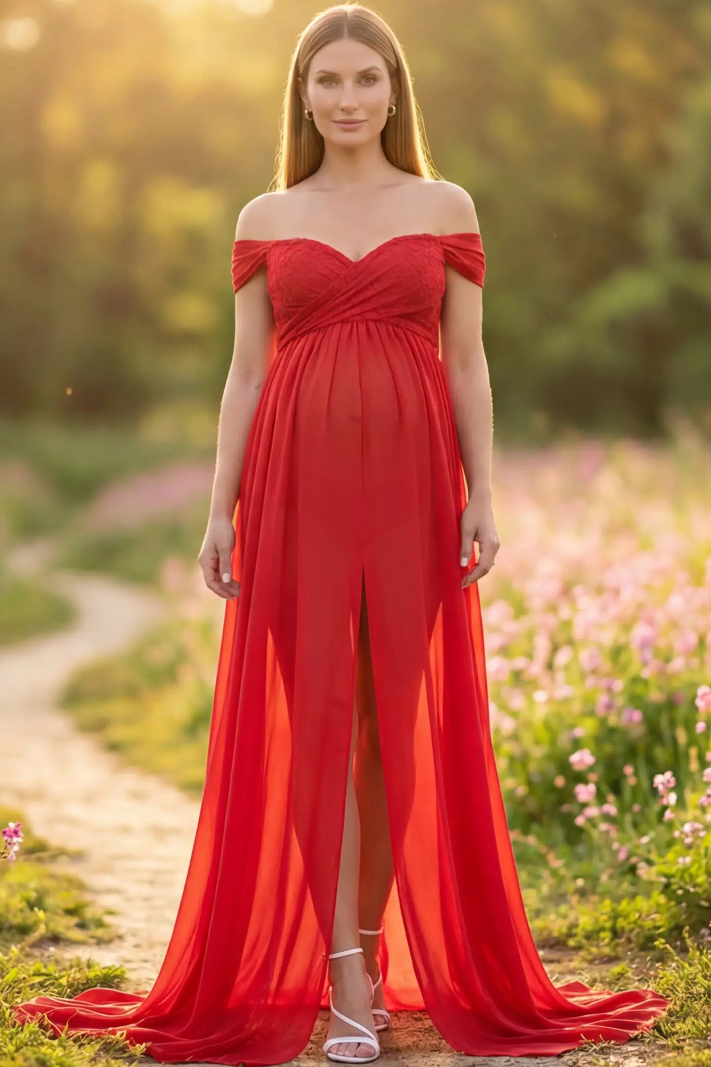 Lace Off Shoulder Slit Front Maternity Gown Lace Off Shoulder Slit Front Maternity Gown in Red featuring off shoulder and flowy chiffon on a pregnant model showing front.