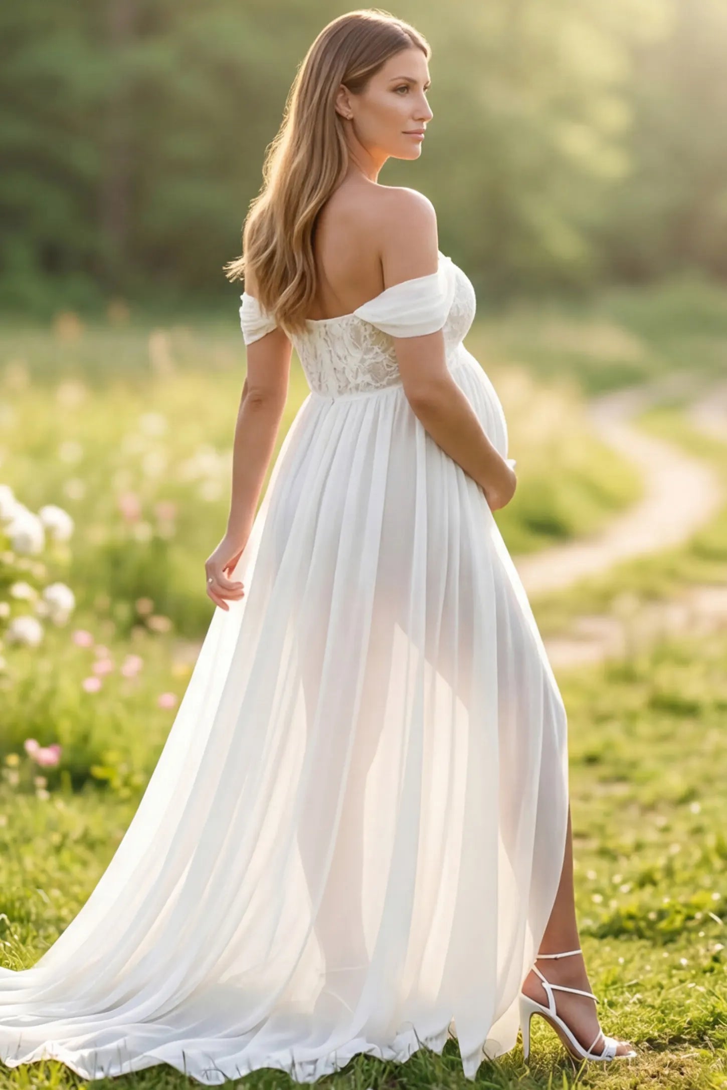 Lace Off Shoulder Slit Front Maternity Gown Lace Off Shoulder Slit Front Maternity Gown in White featuring off shoulder and flowy chiffon on a pregnant model showing back.
