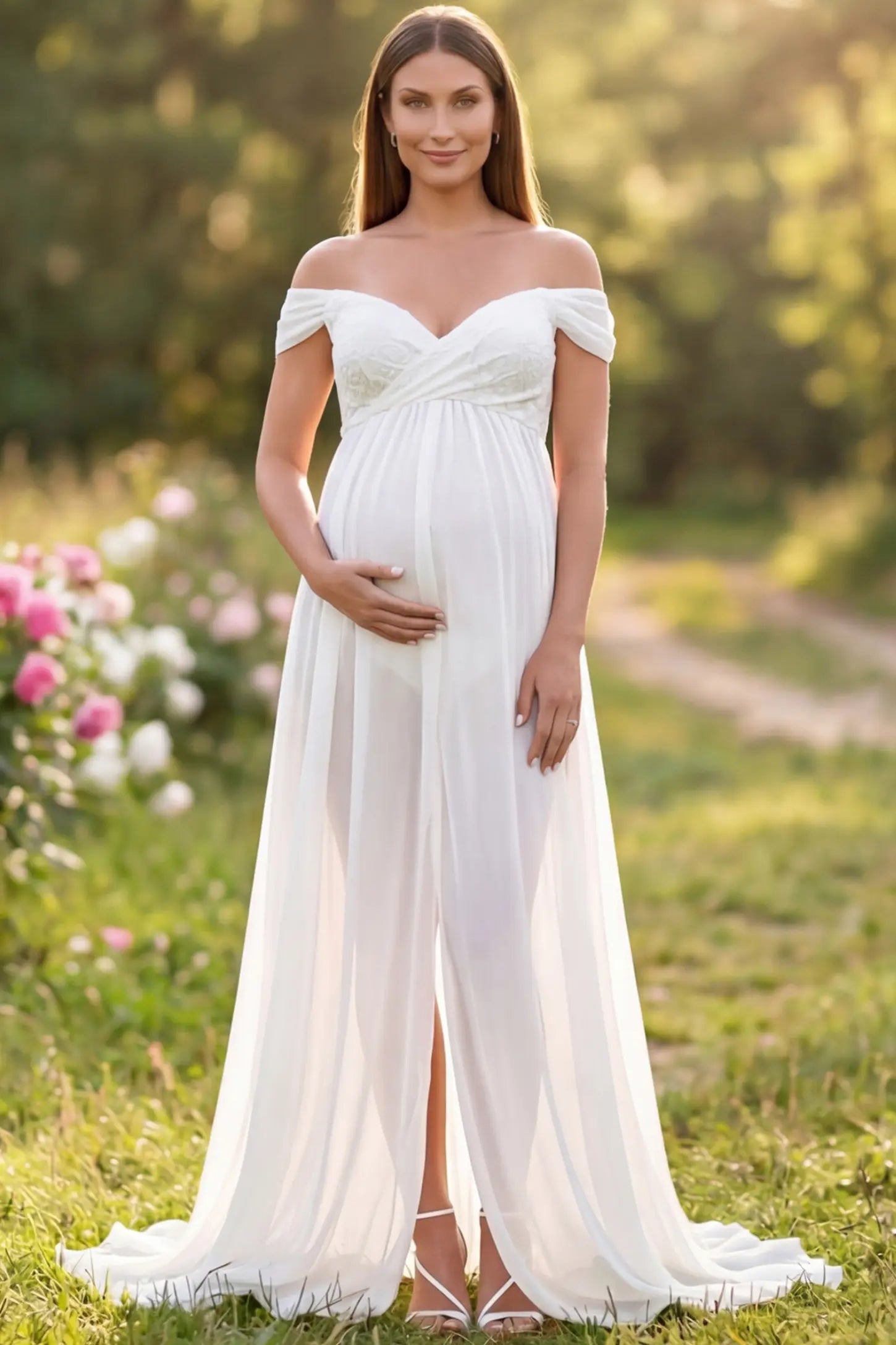 Lace Off Shoulder Slit Front Maternity Gown Lace Off Shoulder Slit Front Maternity Gown in White featuring off shoulder and flowy chiffon on a pregnant model showing front.