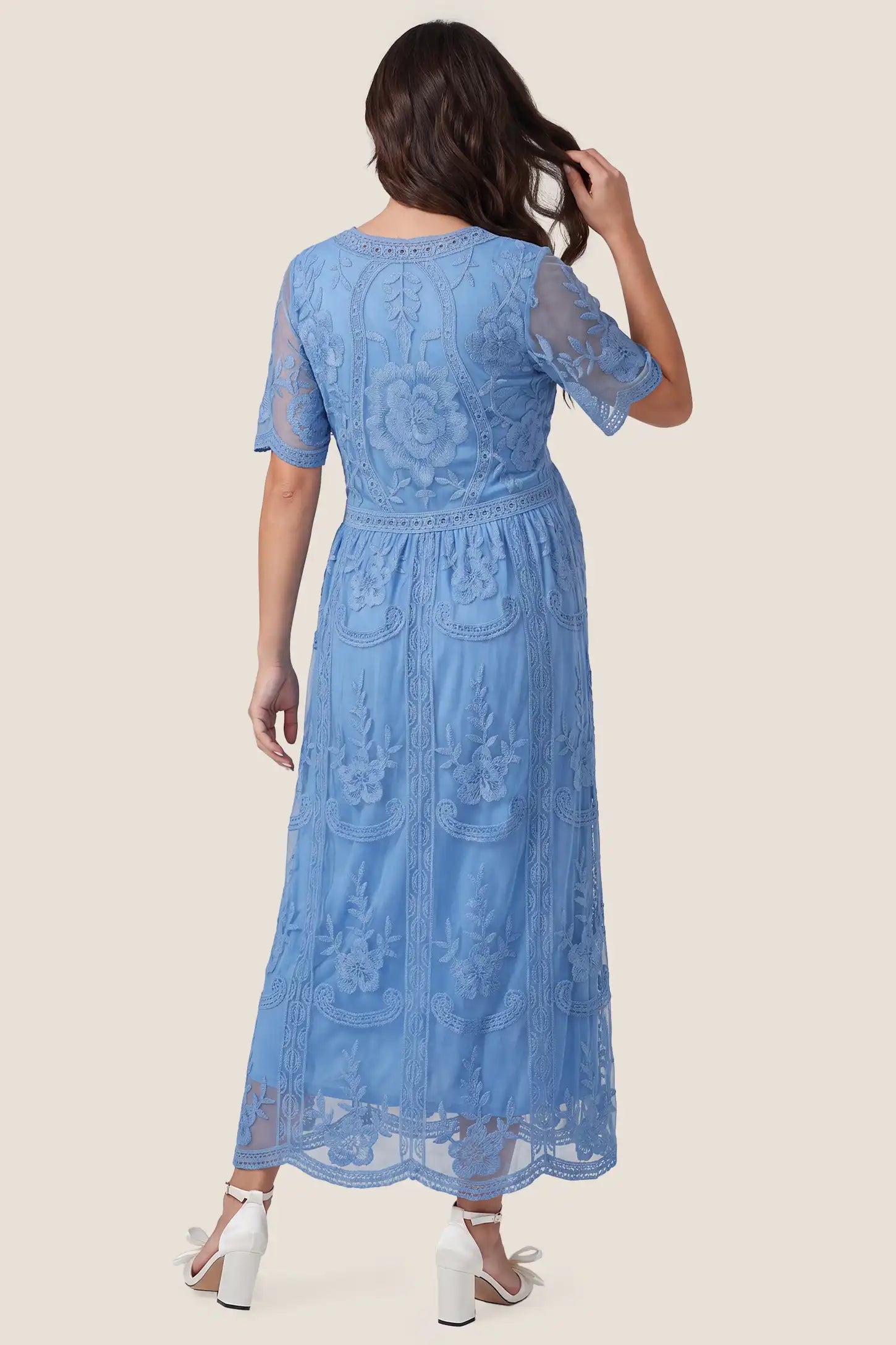 Lace Short Sheer Sleeve Maternity Maxi Dress Lace Short Sheer Sleeve Maternity Maxi Dress in Blue showcasing the beautiful back lace detail, back view on a pregnant model.