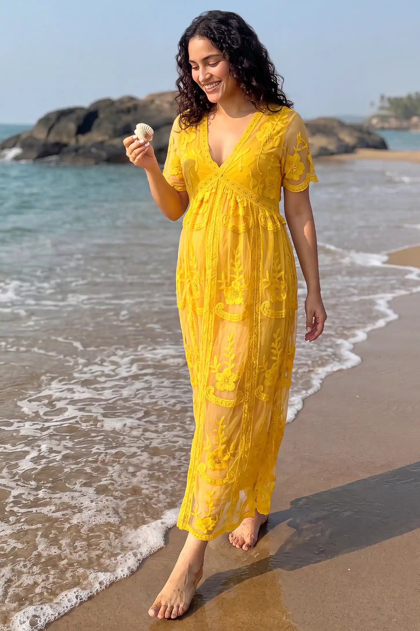 Lace Short Sheer Sleeve Maternity Maxi Dress Lace Short Sheer Sleeve Maternity Maxi Dress in Lemon Sorbet with elegant lace and sheer sleeve design, lifestyle front view on a pregnant model.