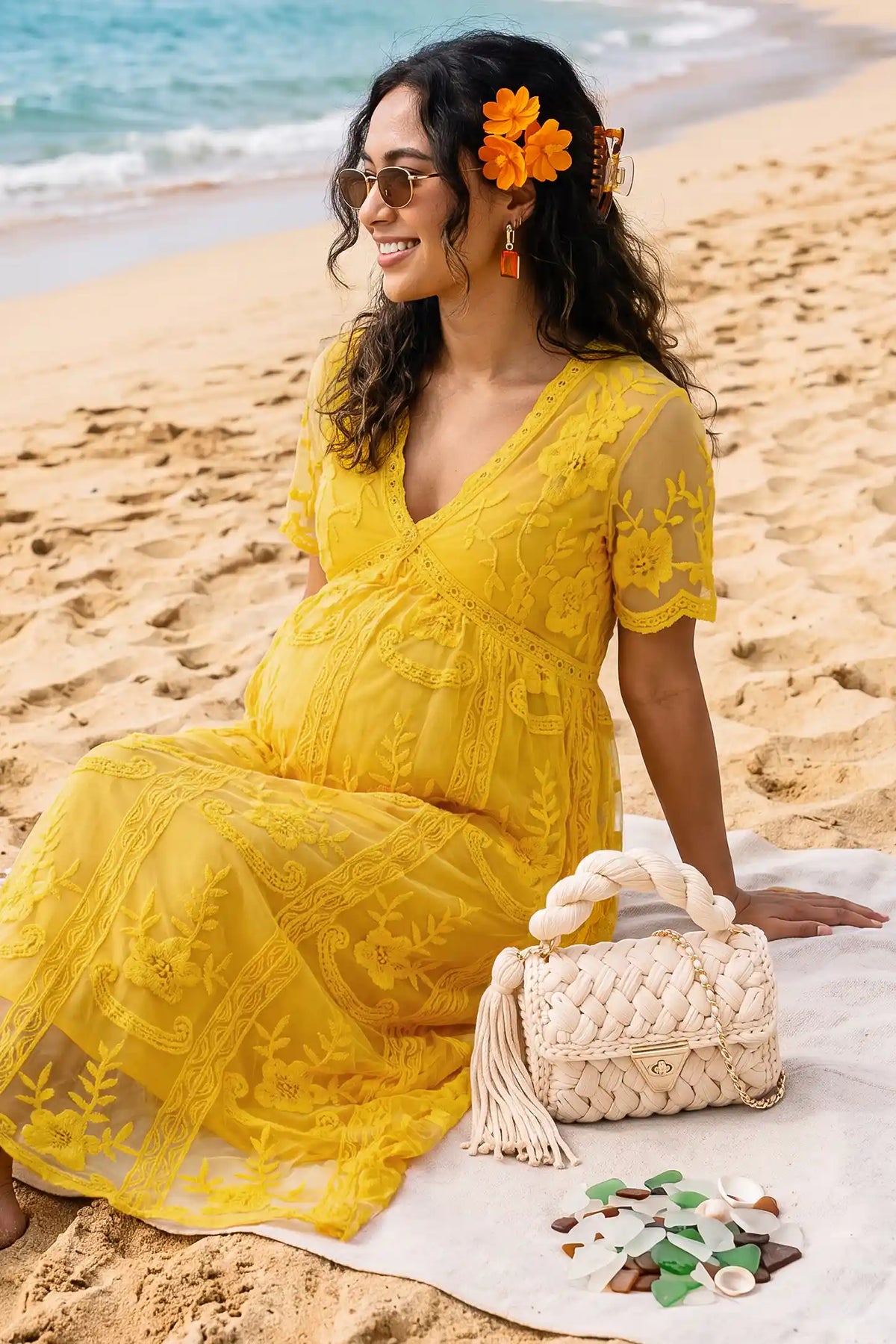 Lace Short Sheer Sleeve Maternity Maxi Dress Lace Short Sheer Sleeve Maternity Maxi Dress in Lemon Sorbet with elegant lace and sheer sleeve design, lifestyle side view on a pregnant model.