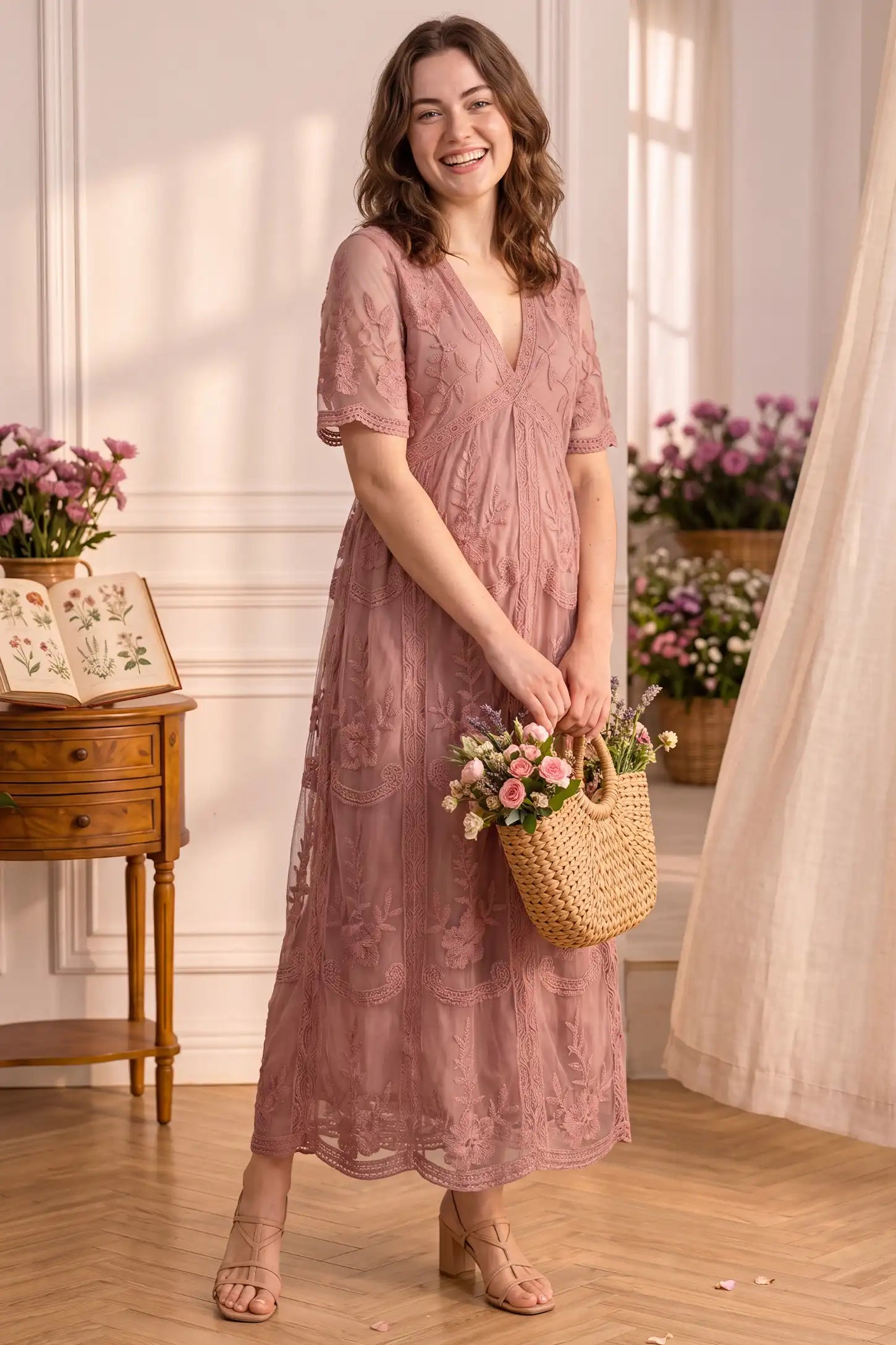 Lace Short Sheer Sleeve Maternity Maxi Dress Lace Short Sheer Sleeve Maternity Maxi Dress in Pink with elegant lace and sheer sleeve design, lifestyle view on a non pregnant model.