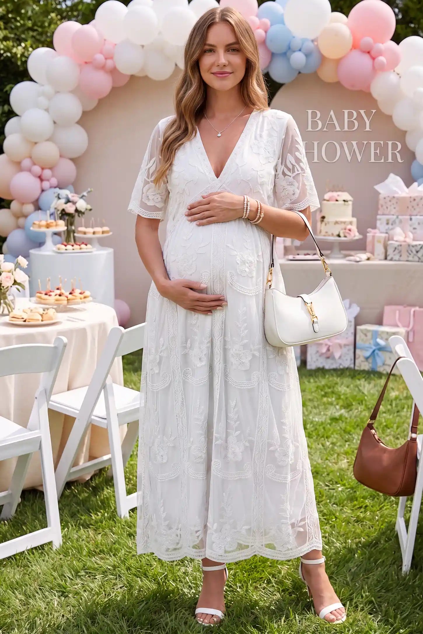 Lace Short Sheer Sleeve Maternity Maxi Dress in white featuring embroidered sheer sleeves on a pregnant model, front view.